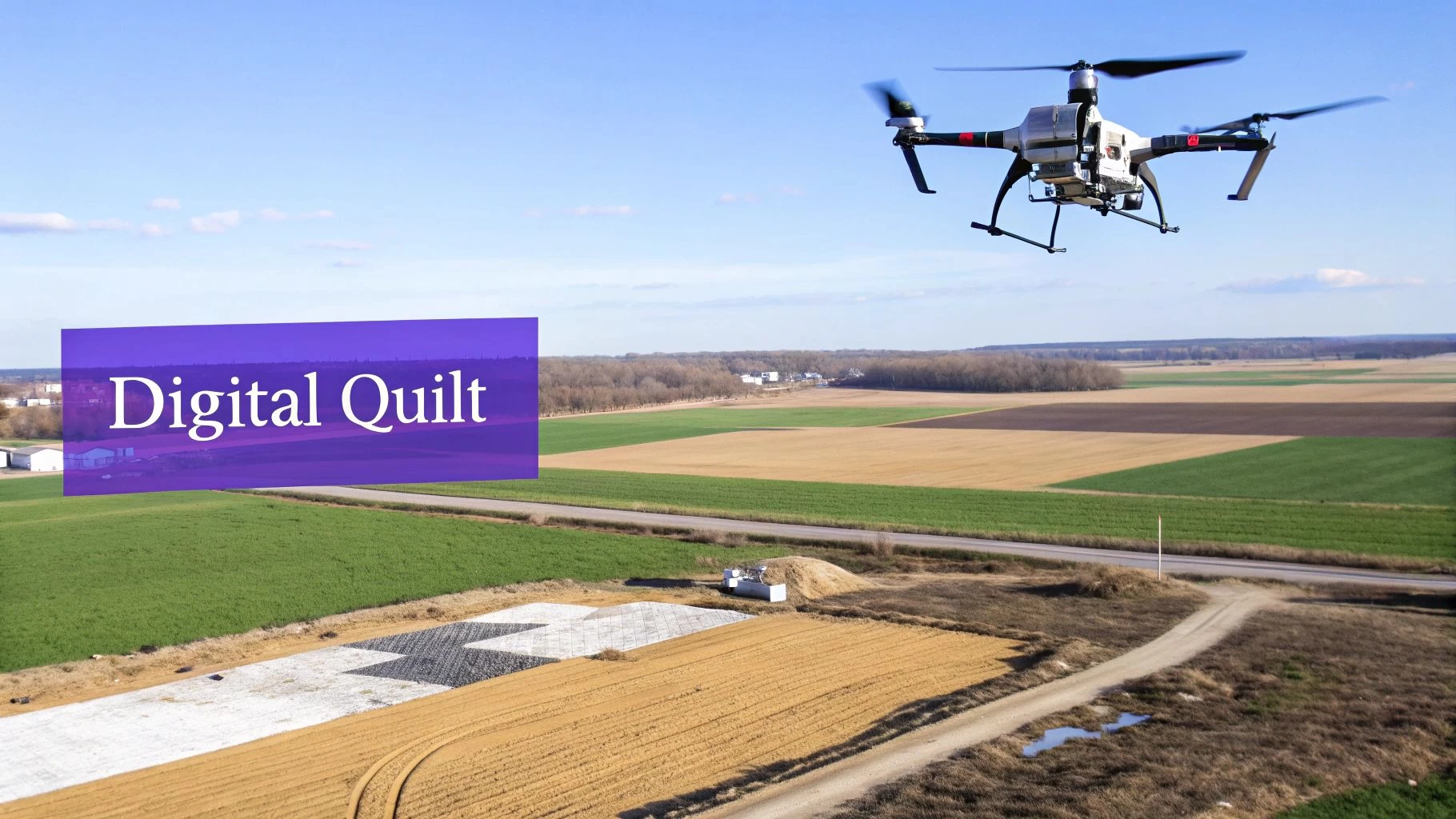 An aerial view of a drone flying over a landscape with diverse agricultural fields and a road.