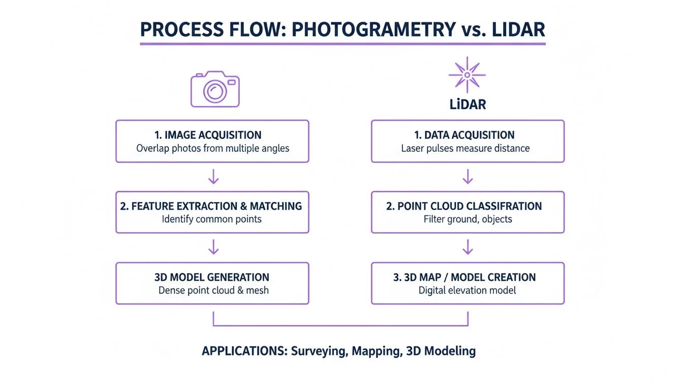 Flowchart comparing photogrammetry and LiDAR processes, showing steps from data acquisition to 3D model generation, and common applications.