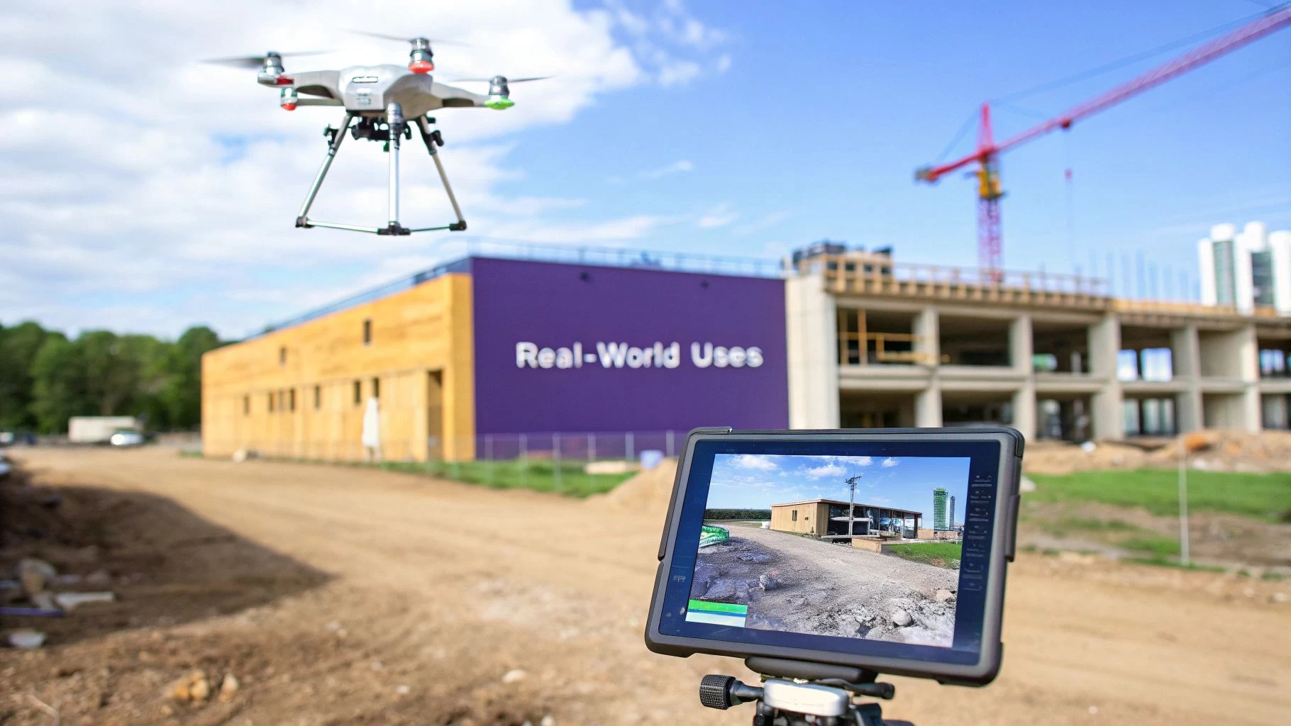 A drone flies over a construction site, while a tablet shows its live aerial view.