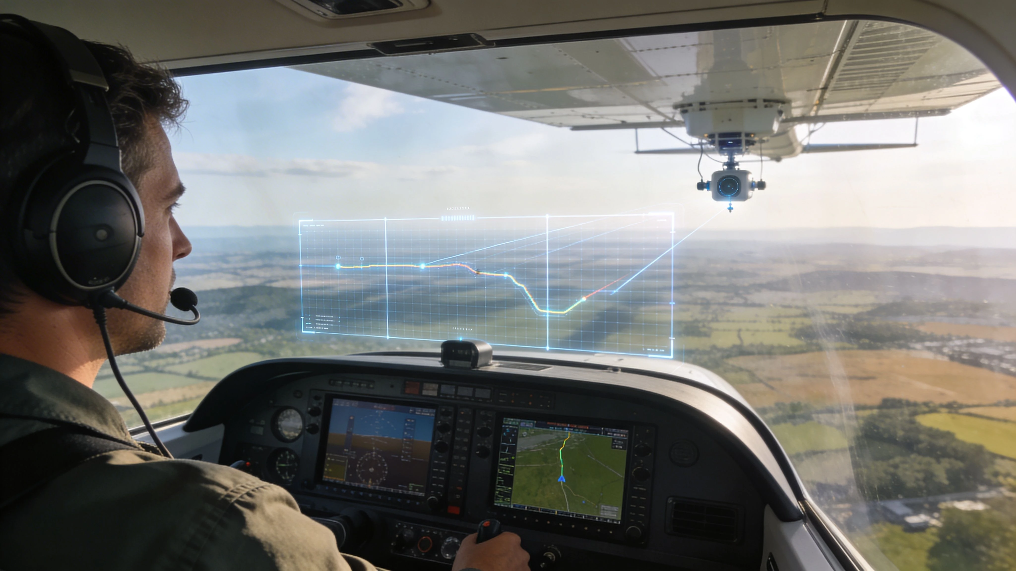 A pilot inside a small plane cockpit monitoring a digital aerial mapping system over rural landscape.