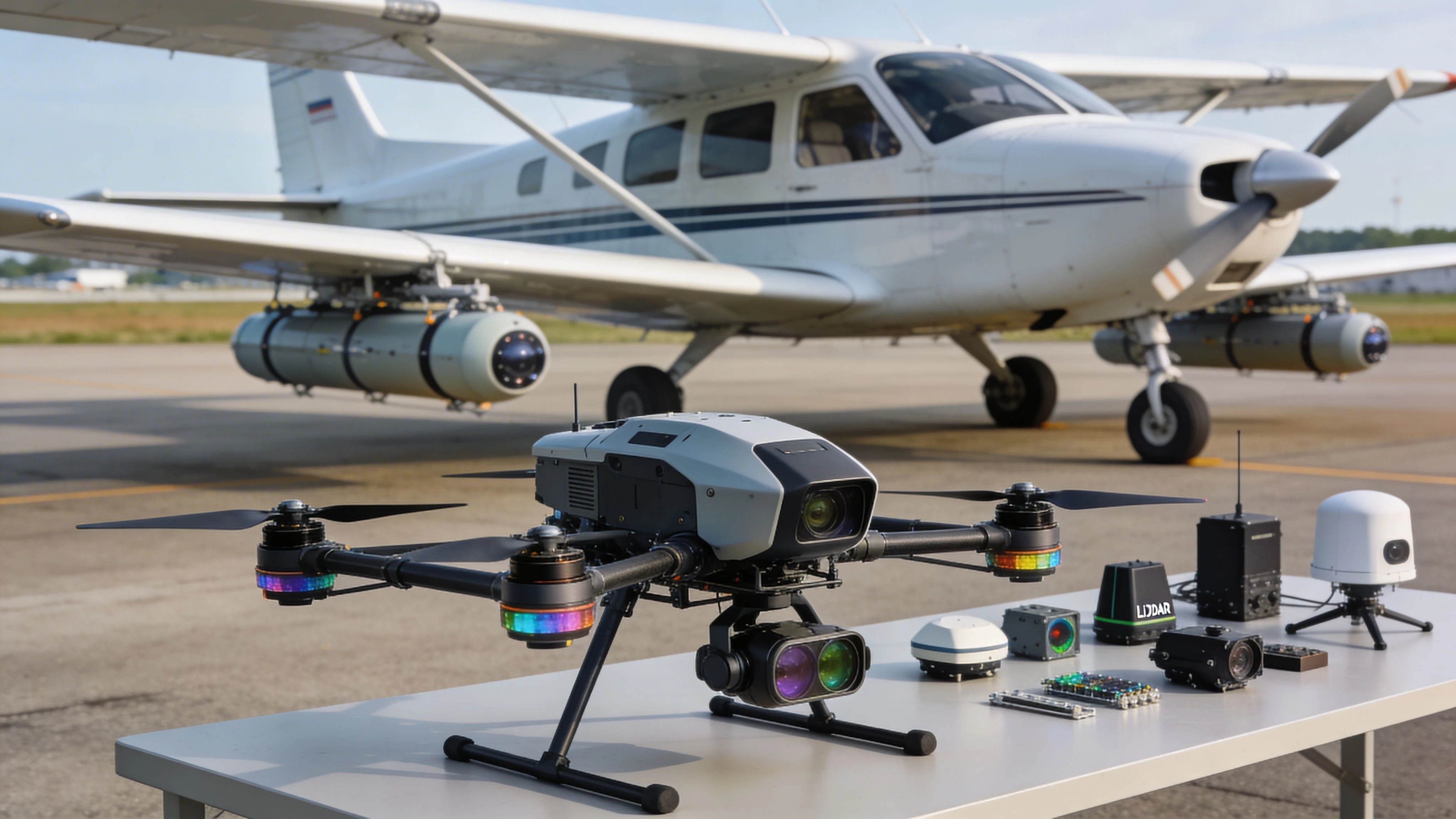 A professional survey drone sits on a table next to aerial sensing equipment with a small aircraft behind.