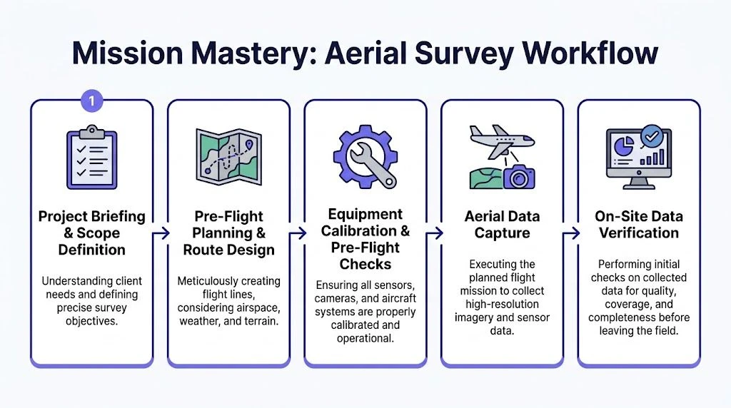 A five-step infographic detailing the professional workflow of an aerial survey project from planning to data verification.