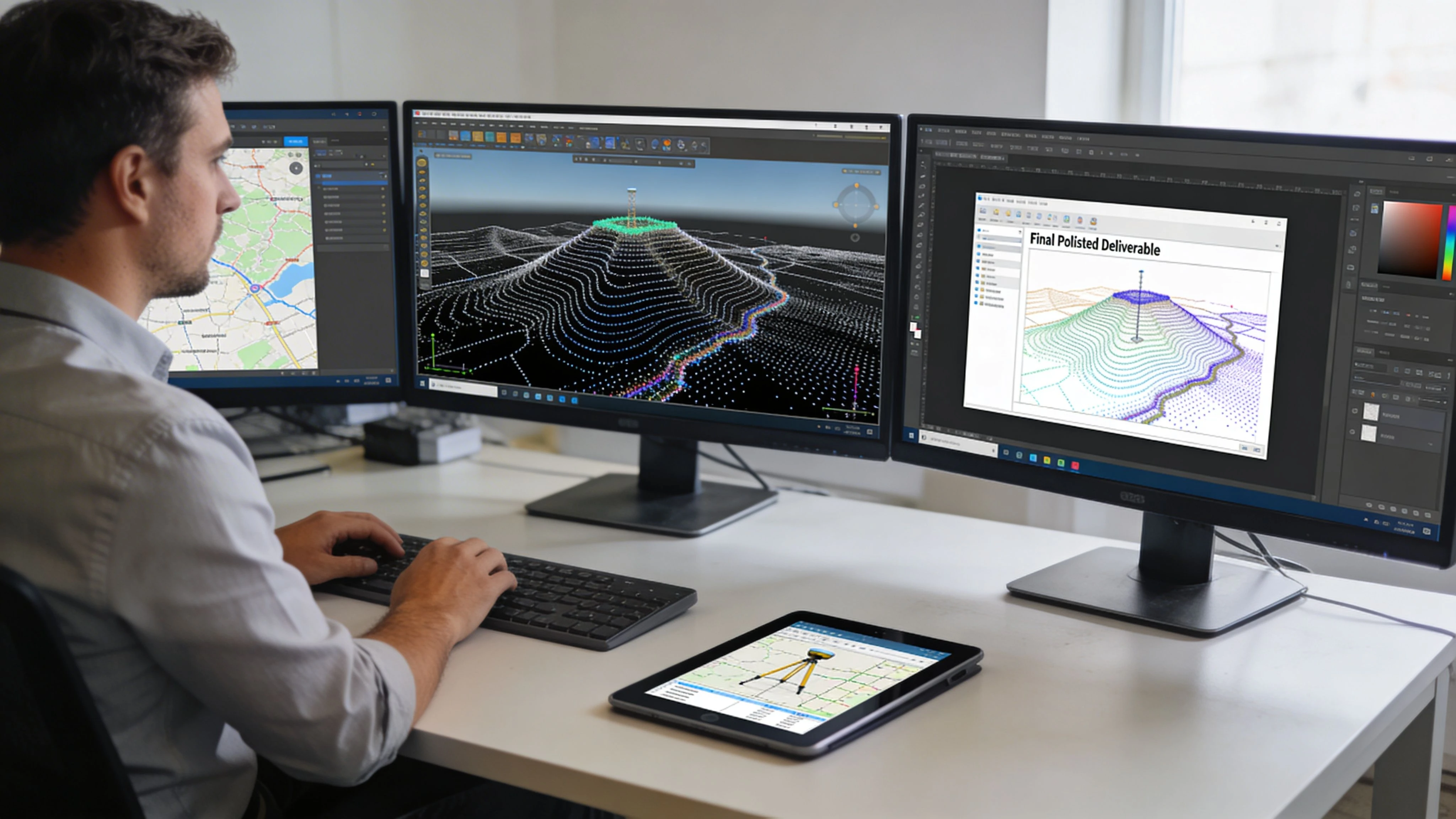 An aerial survey pilot working at a desk with three computer monitors and a tablet displaying topographic data.