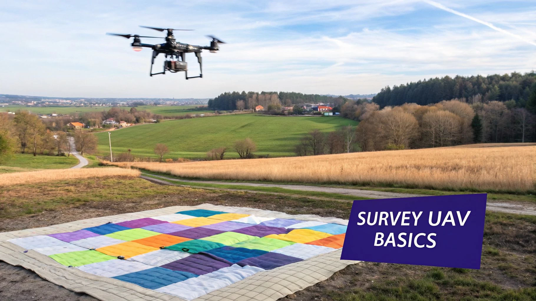 A professional drone conducts an aerial survey over a rural landscape with colorful ground control points.