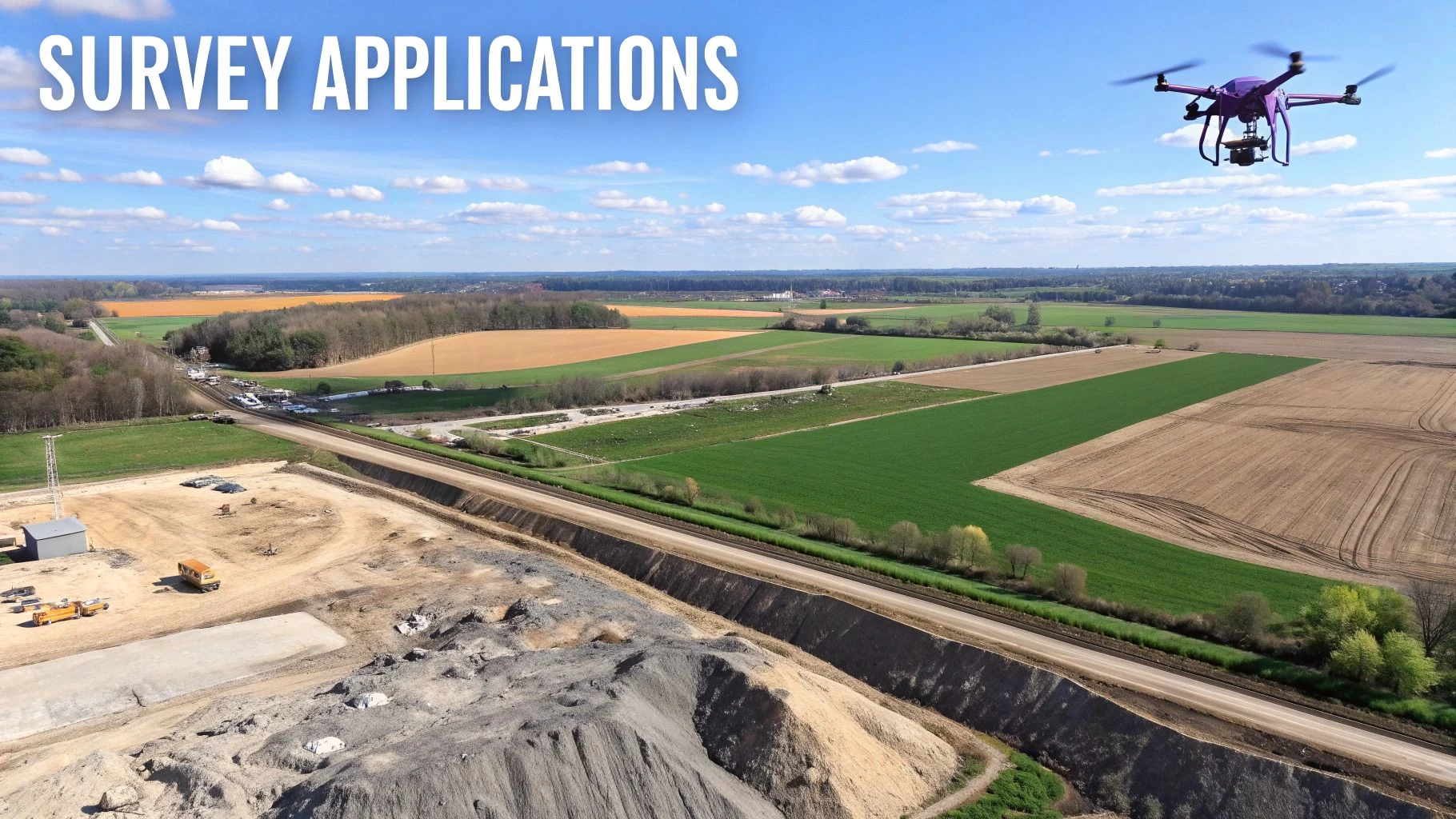 Purple drone surveying a construction site and agricultural fields under a blue sky.