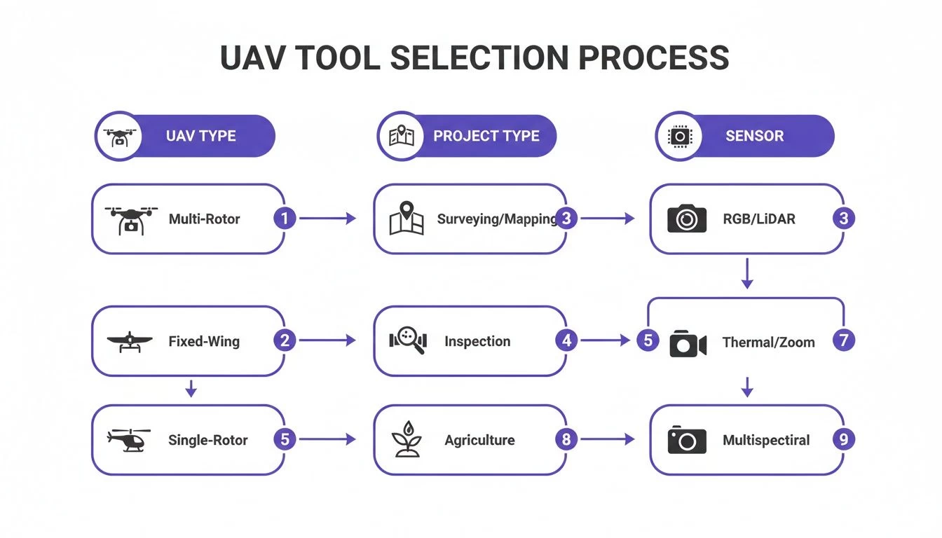 A diagram illustrating the UAV tool selection process, showing drone types, project applications, and suitable sensors.