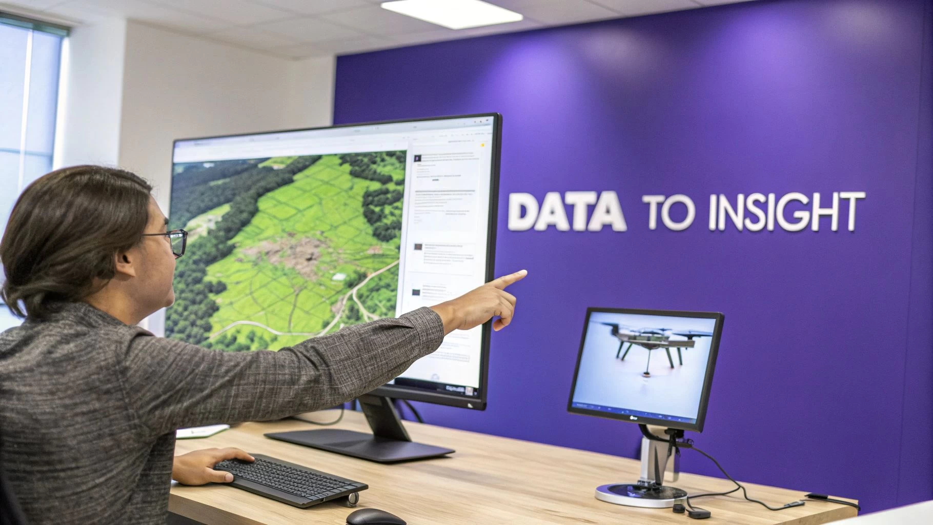 A person points at a large monitor displaying an aerial map, with a drone shown on a smaller screen.