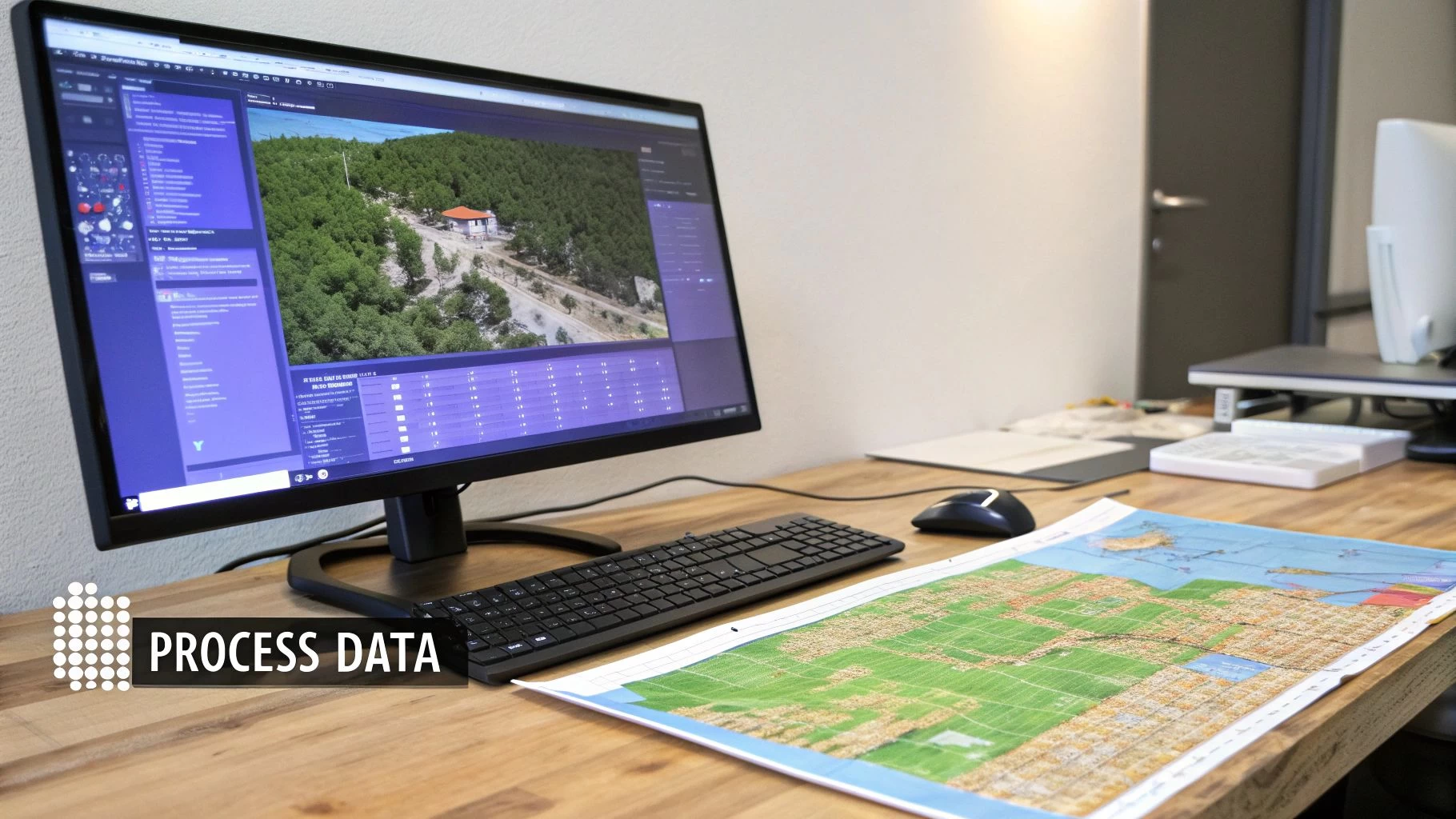 A computer screen showing processed 3D mesh data from an aerial survey