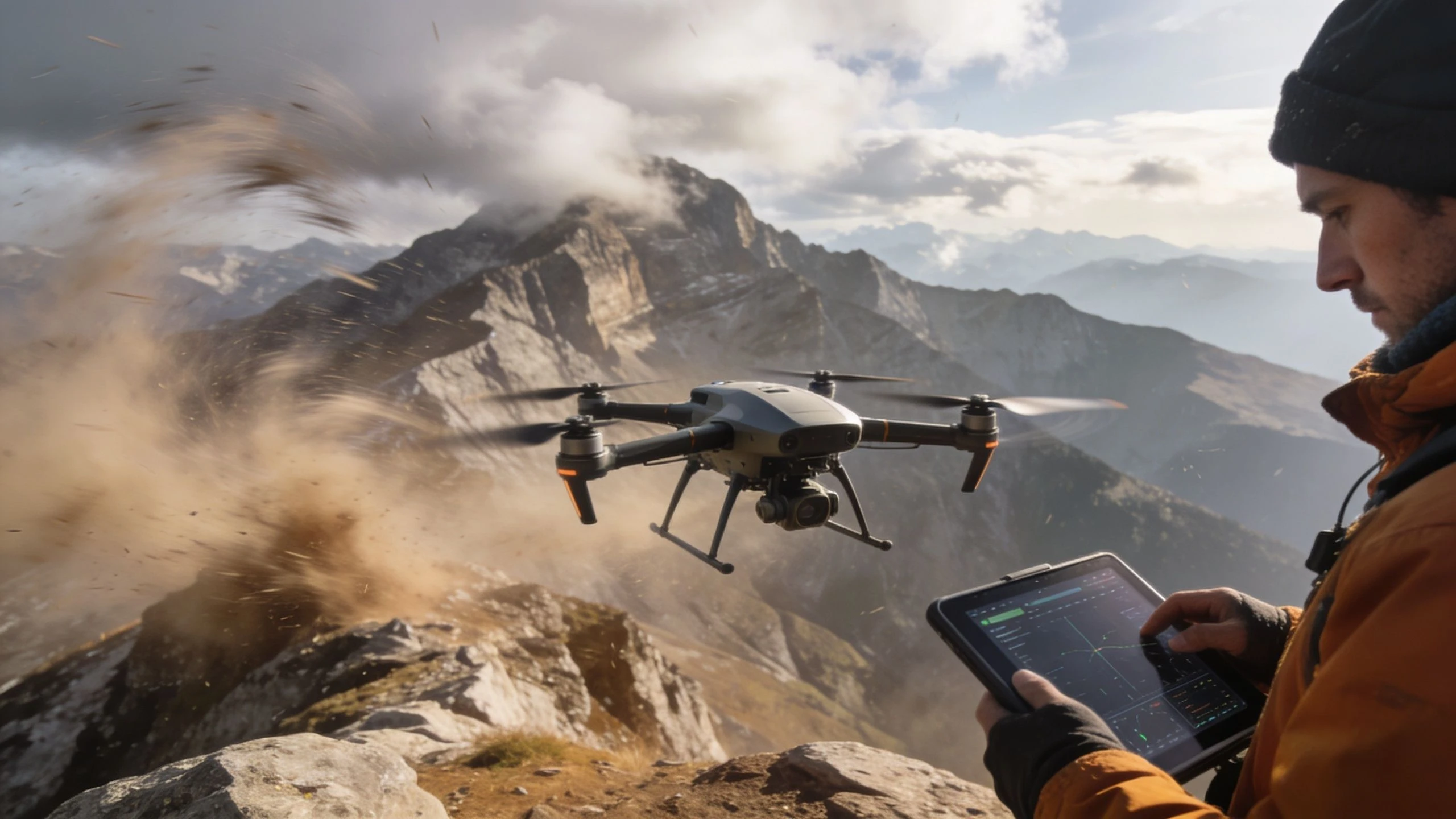 A person using a tablet to pilot a professional drone near rugged mountain peaks with swirling dust.