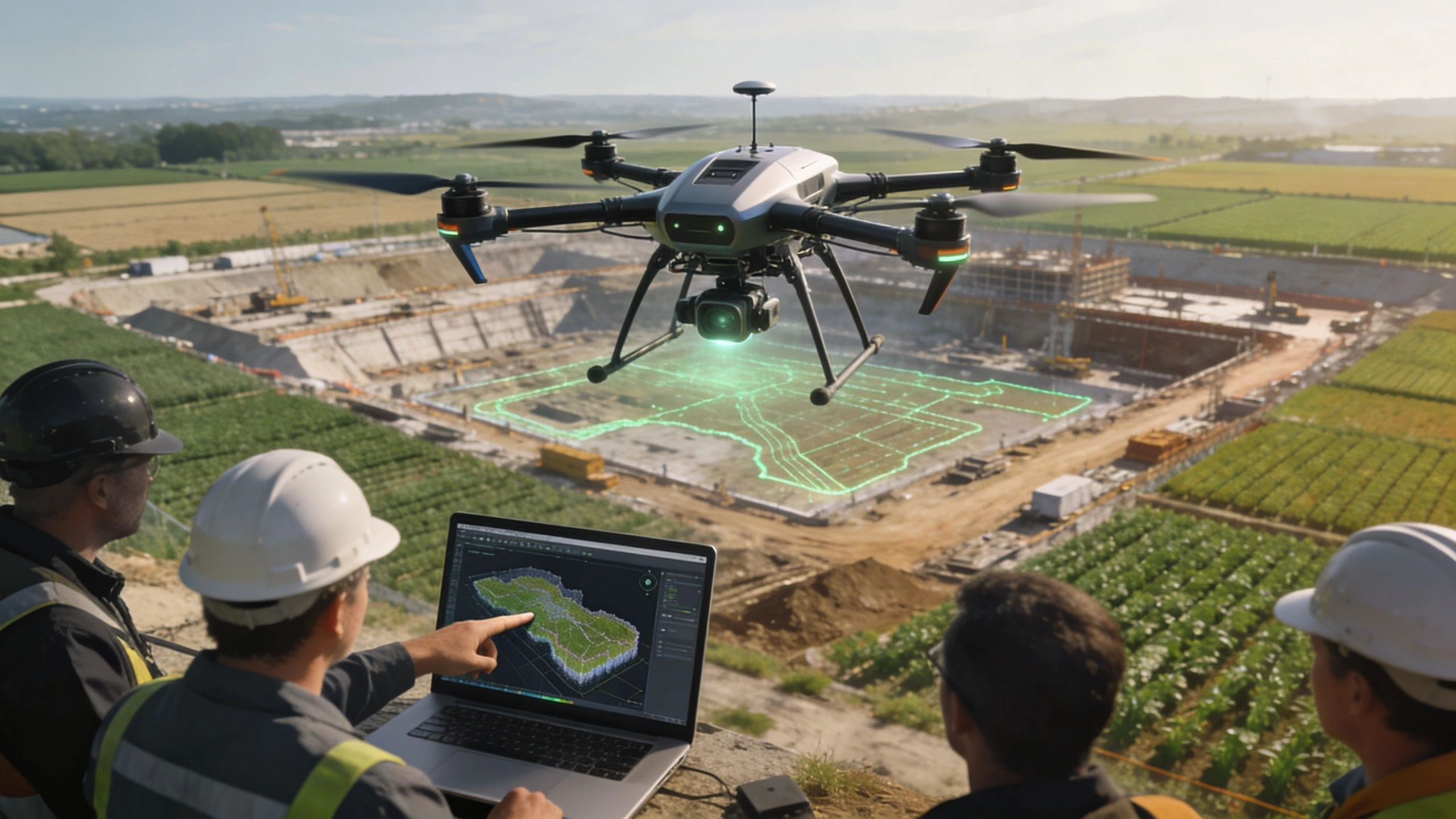 Construction team using a drone and laptop to analyze site progress and digital mapping data.