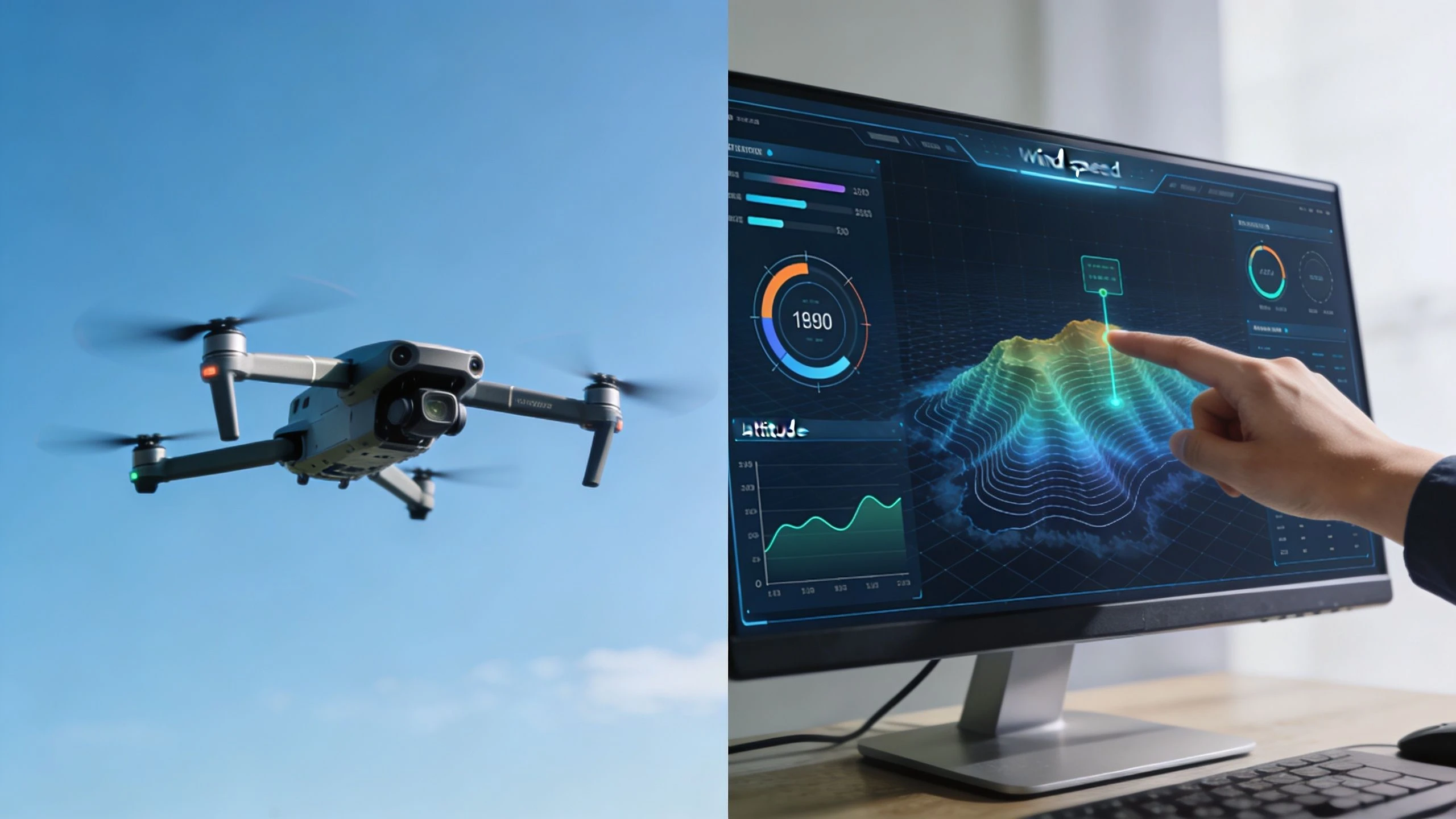 A drone flying in a blue sky next to a monitor displaying topographical air data analysis