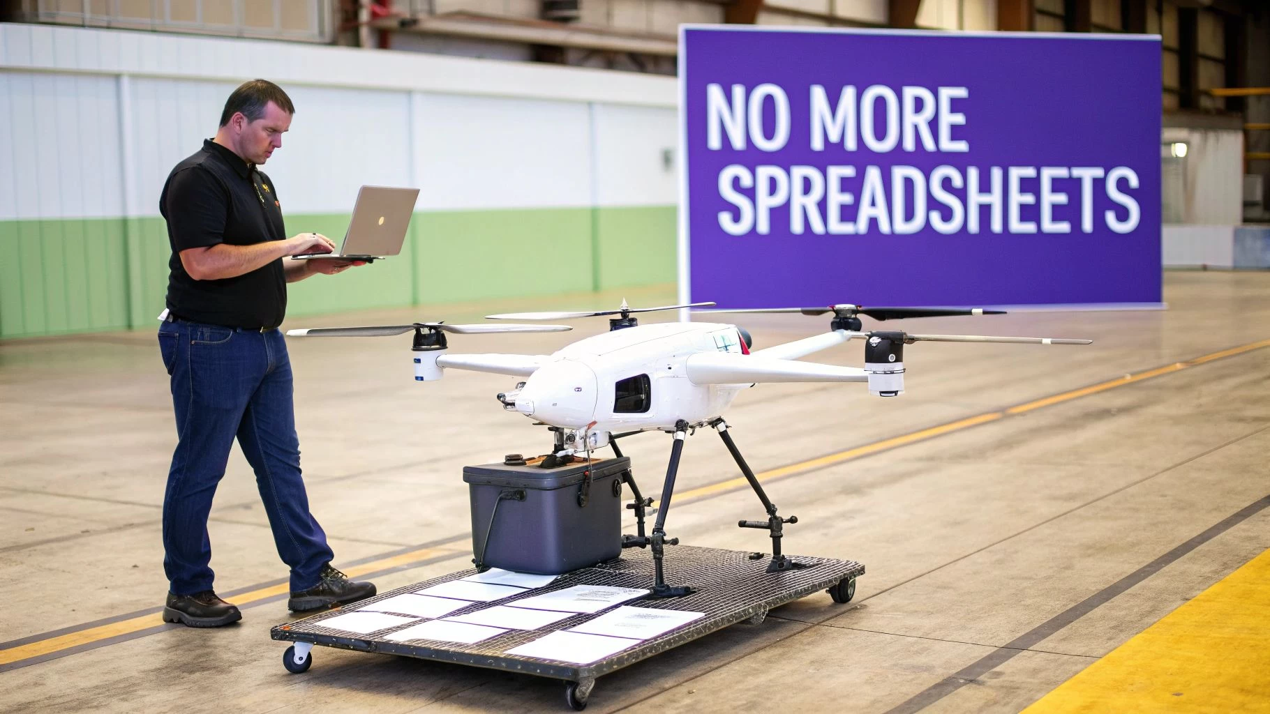 A technician operates a laptop near a large white drone on a wheeled cart indoors.