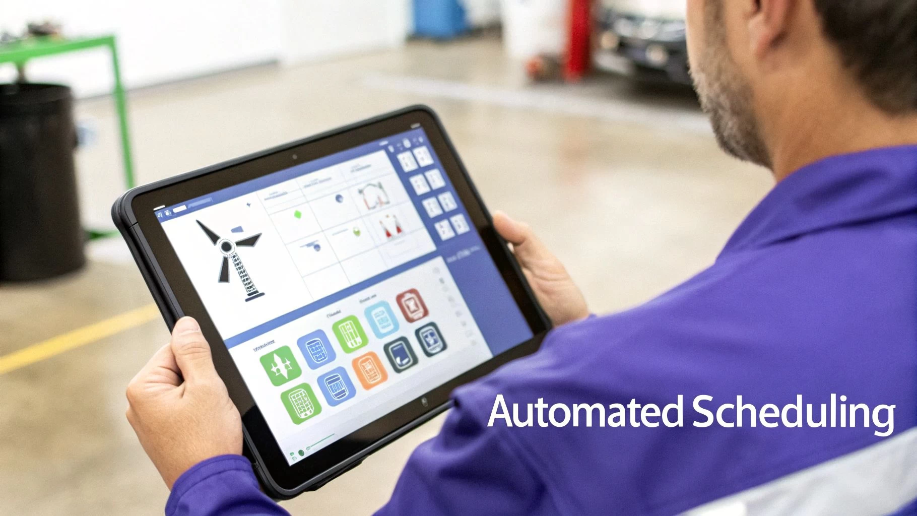 A man in a purple uniform holds a tablet displaying an automated scheduling application with a wind turbine icon.