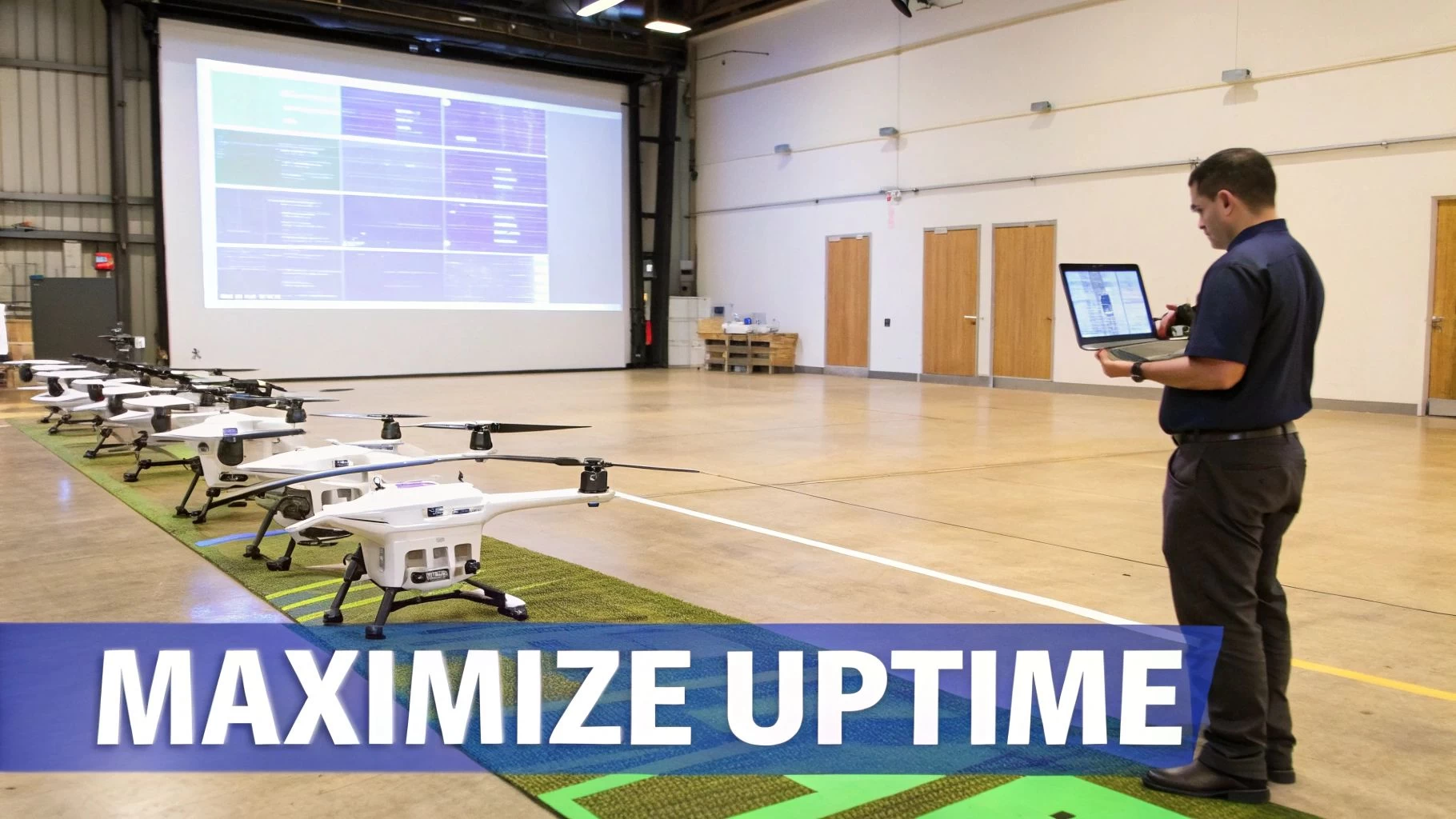 A technician monitors multiple white drones and performance data on a large screen and laptop to maximize uptime.