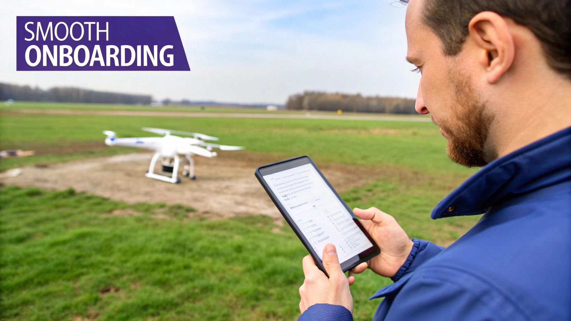A man uses a tablet to control a drone in a field, with “SMOOTH ONBOARDING” text.