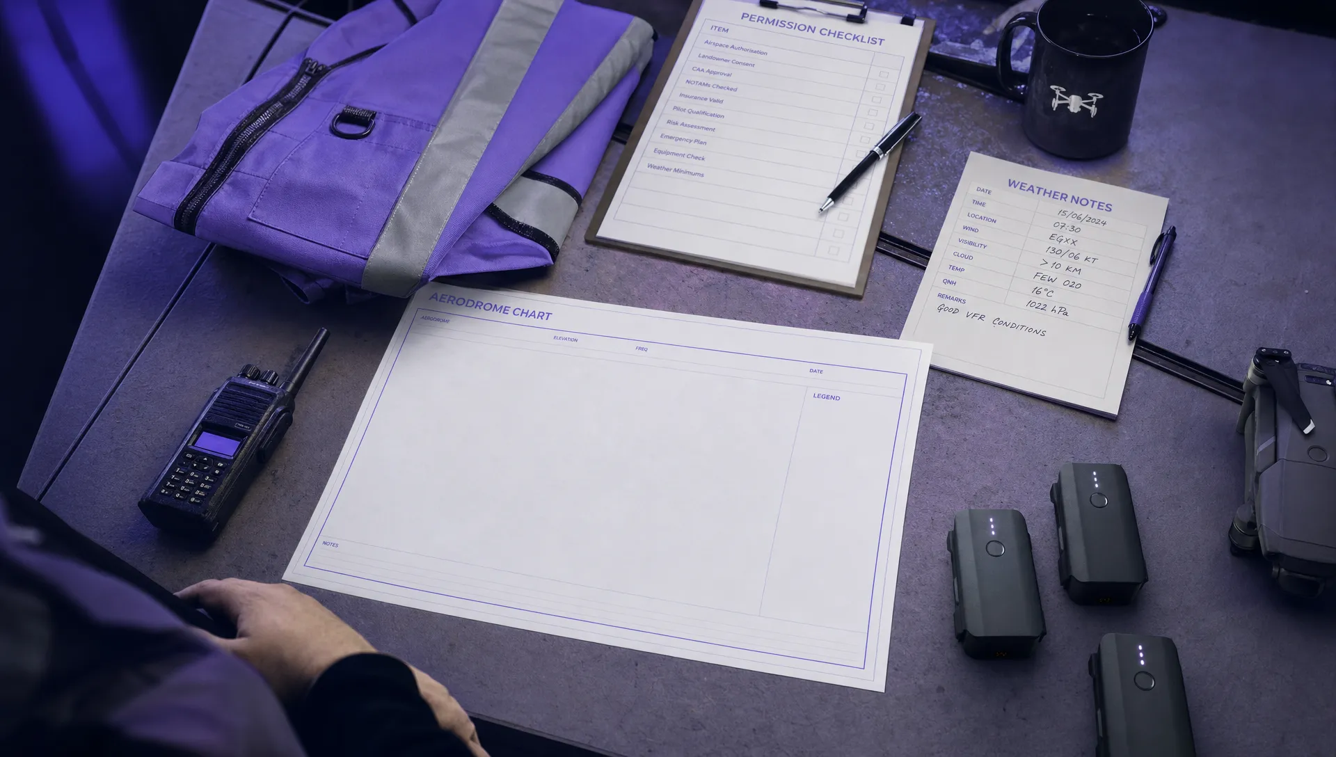 A planning table holds a blank aerodrome chart, permission checklist, handheld radio, weather notes, drone batteries and a high-visibility vest for a pre-flight briefing.