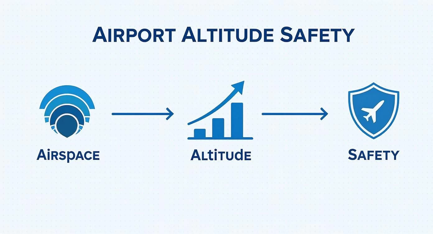 Airport altitude safety infographic showing airspace management, altitude monitoring chart, and aviation safety shield icon progression