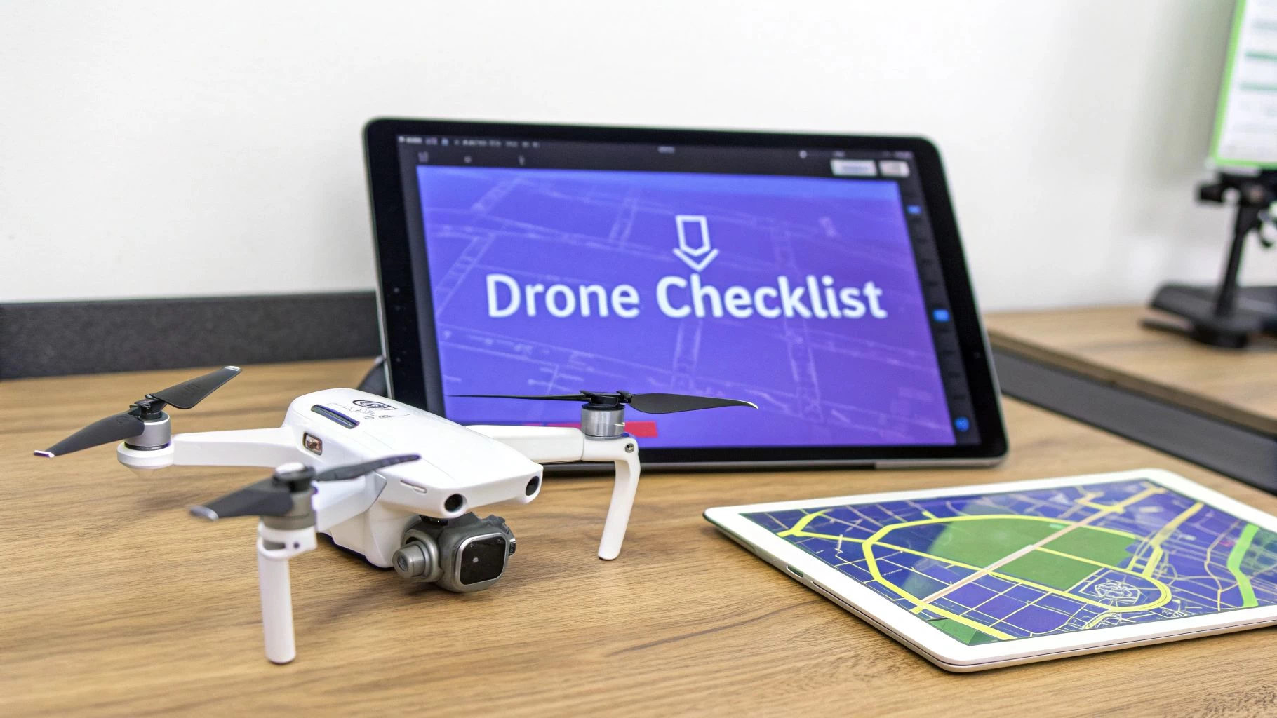 White drone with camera beside tablet displaying drone checklist and map on wooden desk