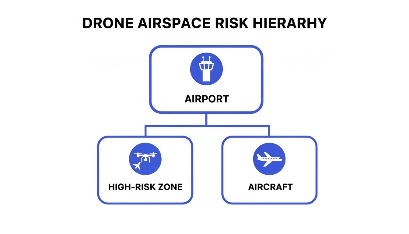 Diagram illustrating drone airspace risk hierarchy, categorizing airports, high-risk zones, and aircraft.