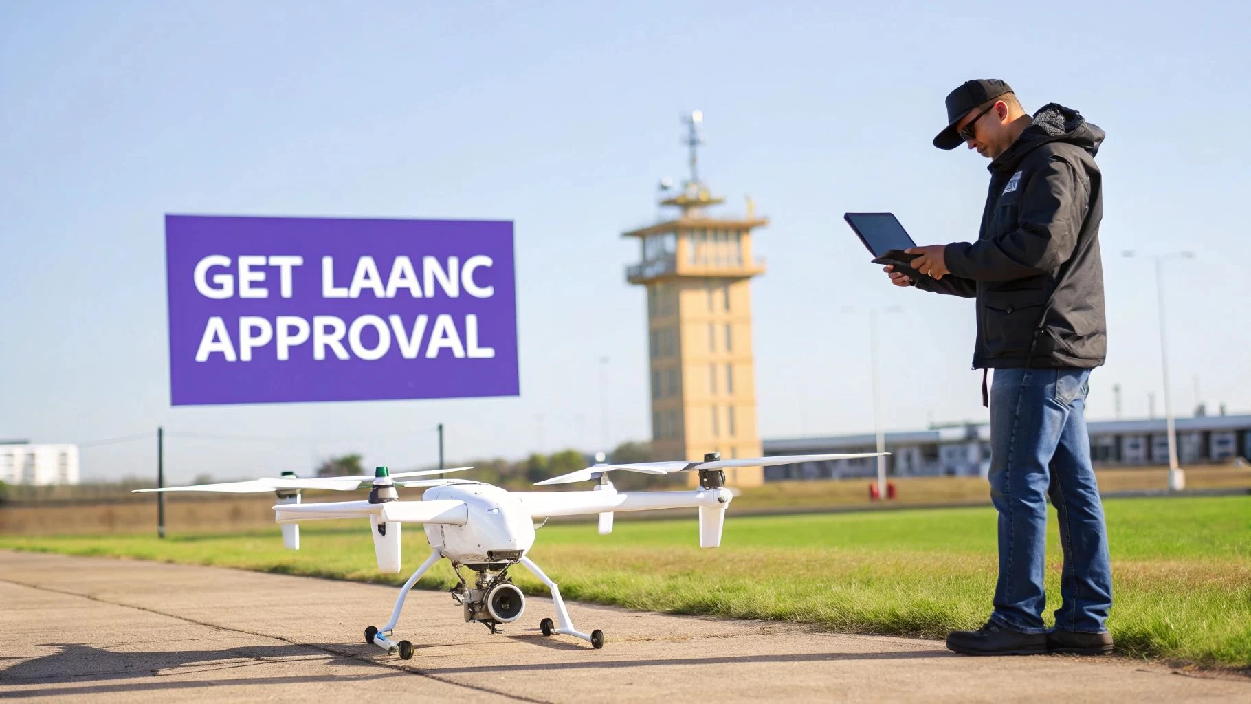 A man operates a white drone with a tablet near an airport control tower and a "GET LAANC APPROVAL" sign.