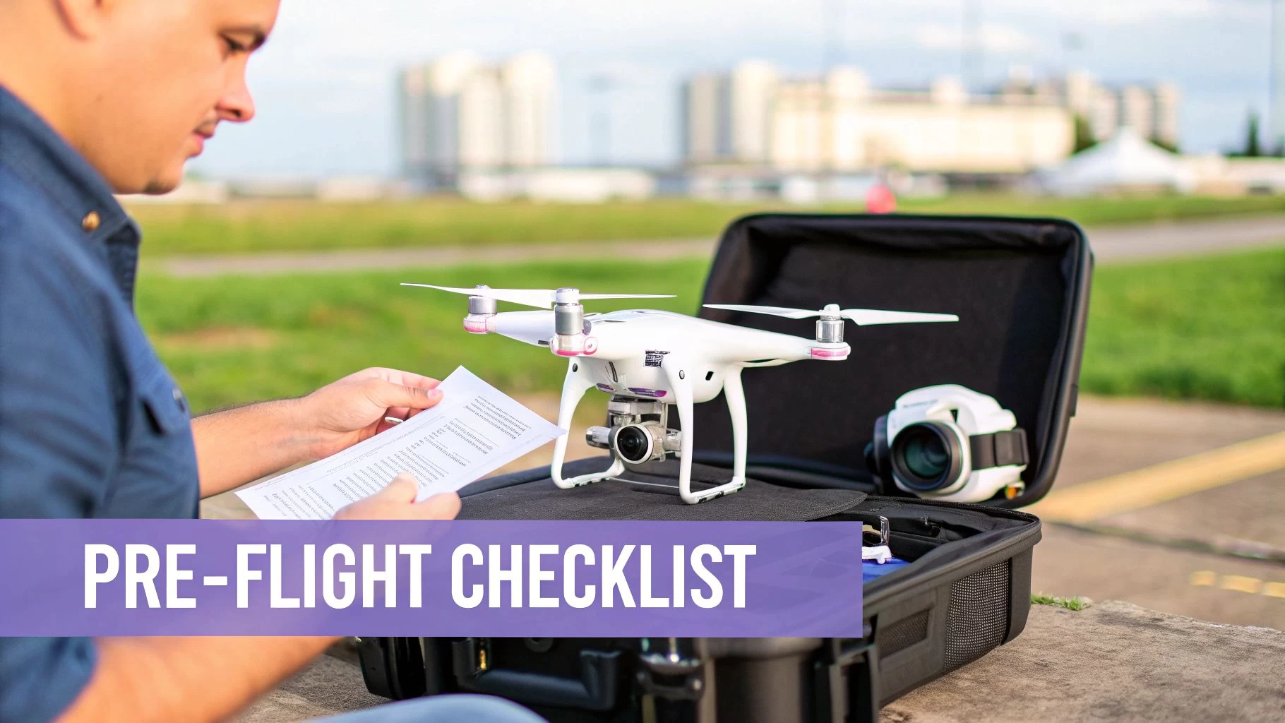 Man reviews a pre-flight checklist for a white drone with camera in an open carrying case.
