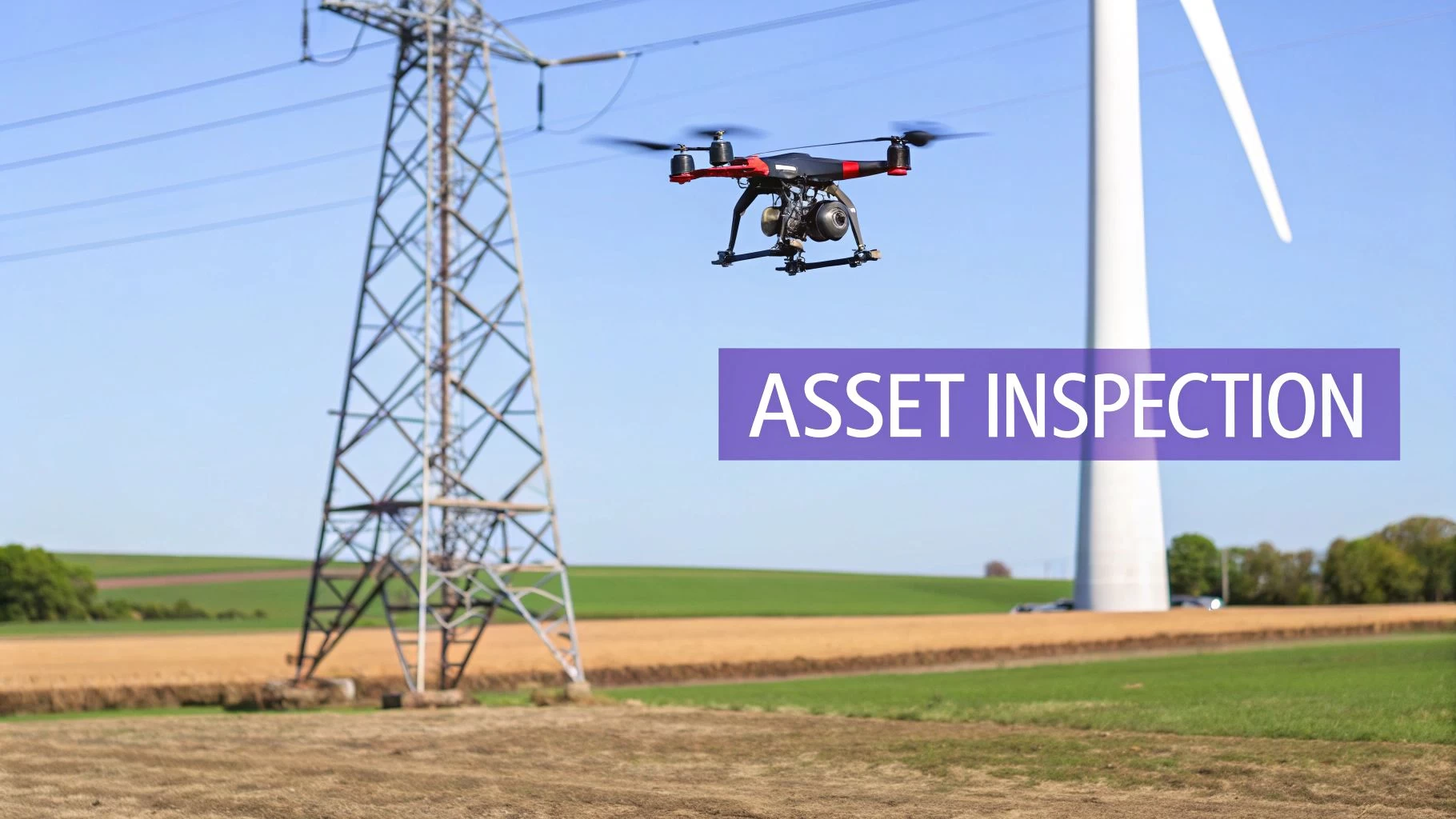 A drone inspects a power line tower and wind turbine in a field, with 'ASSET INSPECTION' text overlay.