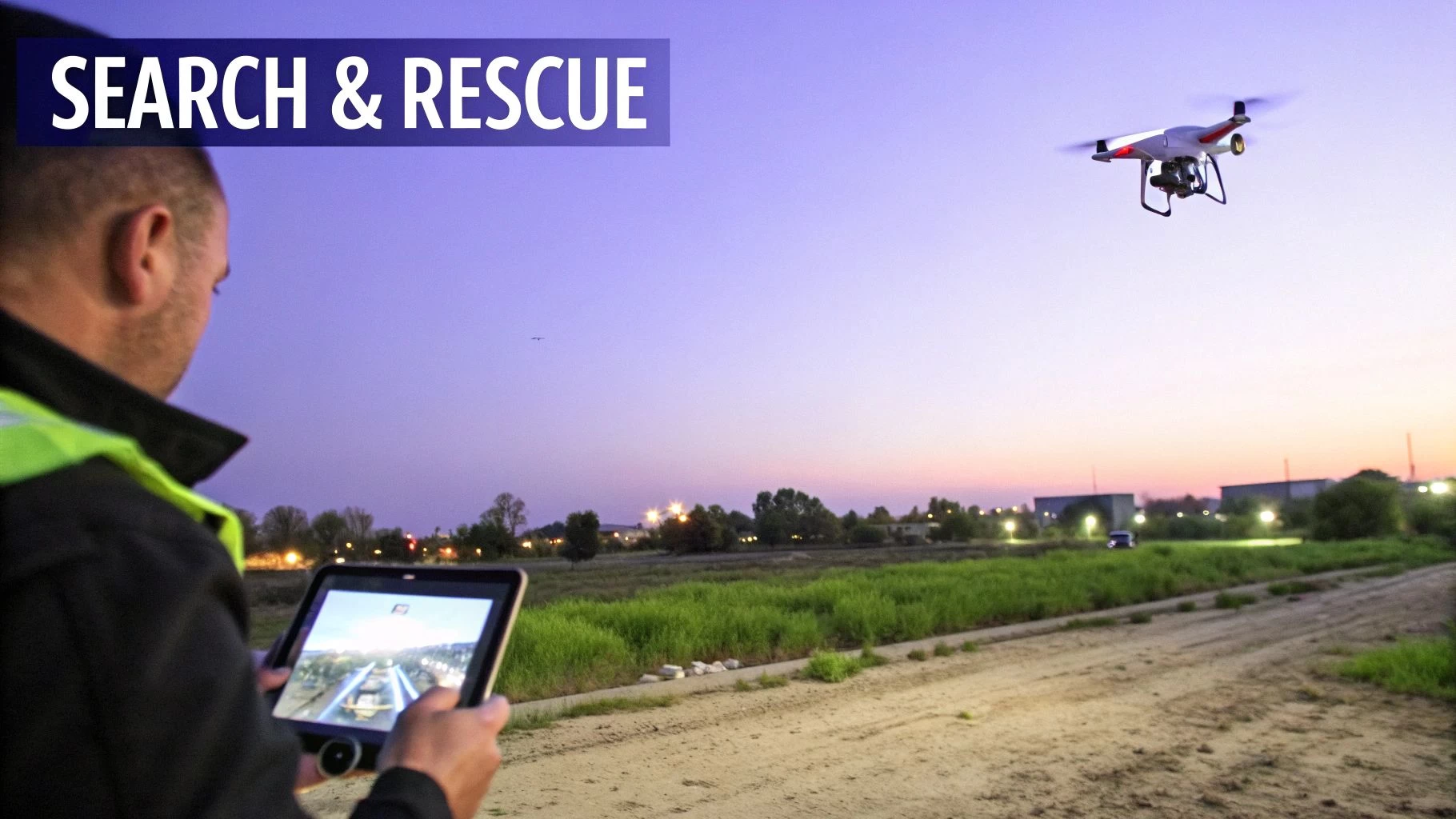 A person controls a drone with a tablet for search and rescue, with a dusk sky.