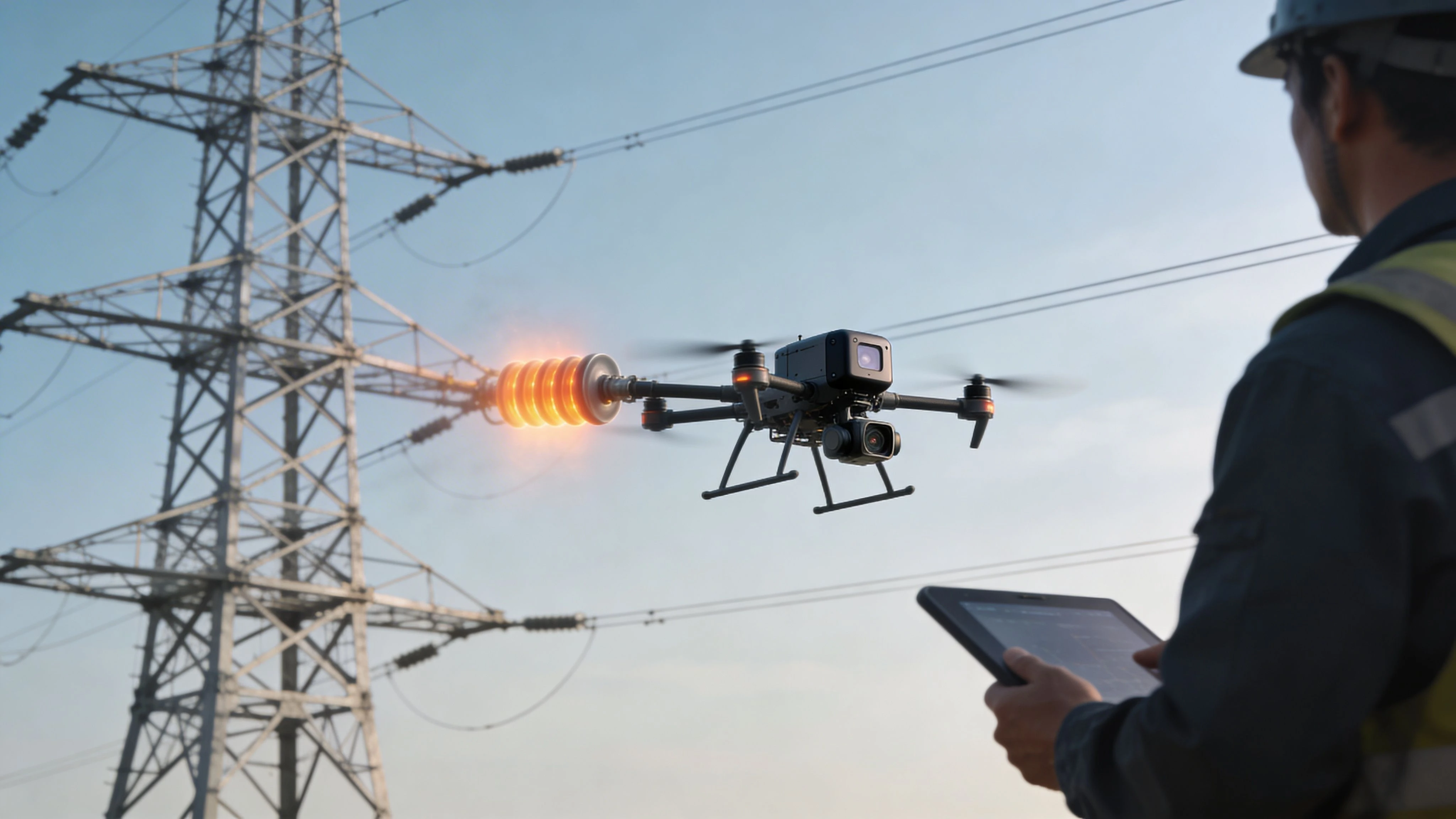 A utility worker uses a drone to inspect a high-voltage power line and electrical insulator tower.