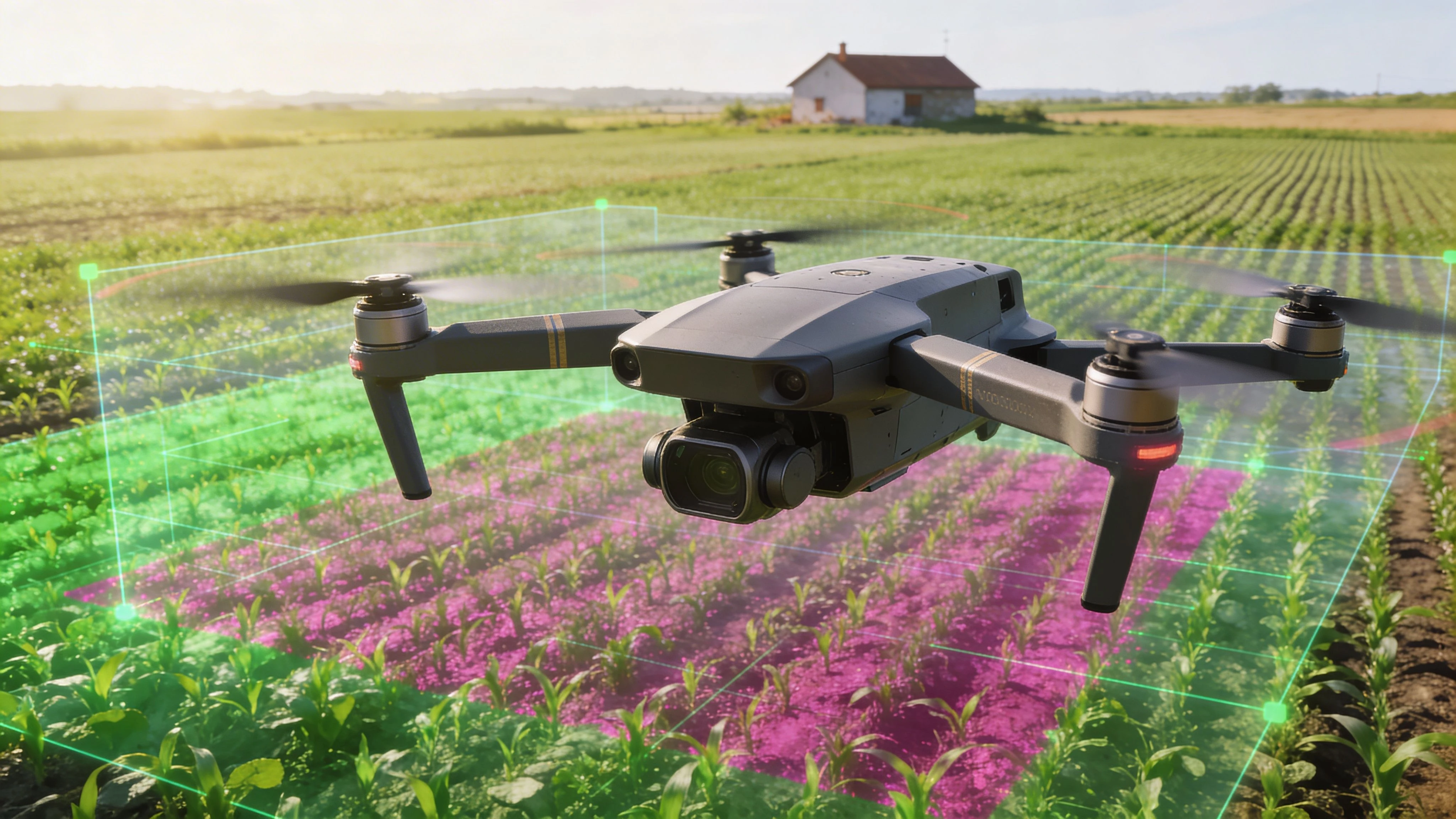 A professional agriculture drone hovering over a green crop field with digital scan overlays for farm monitoring.