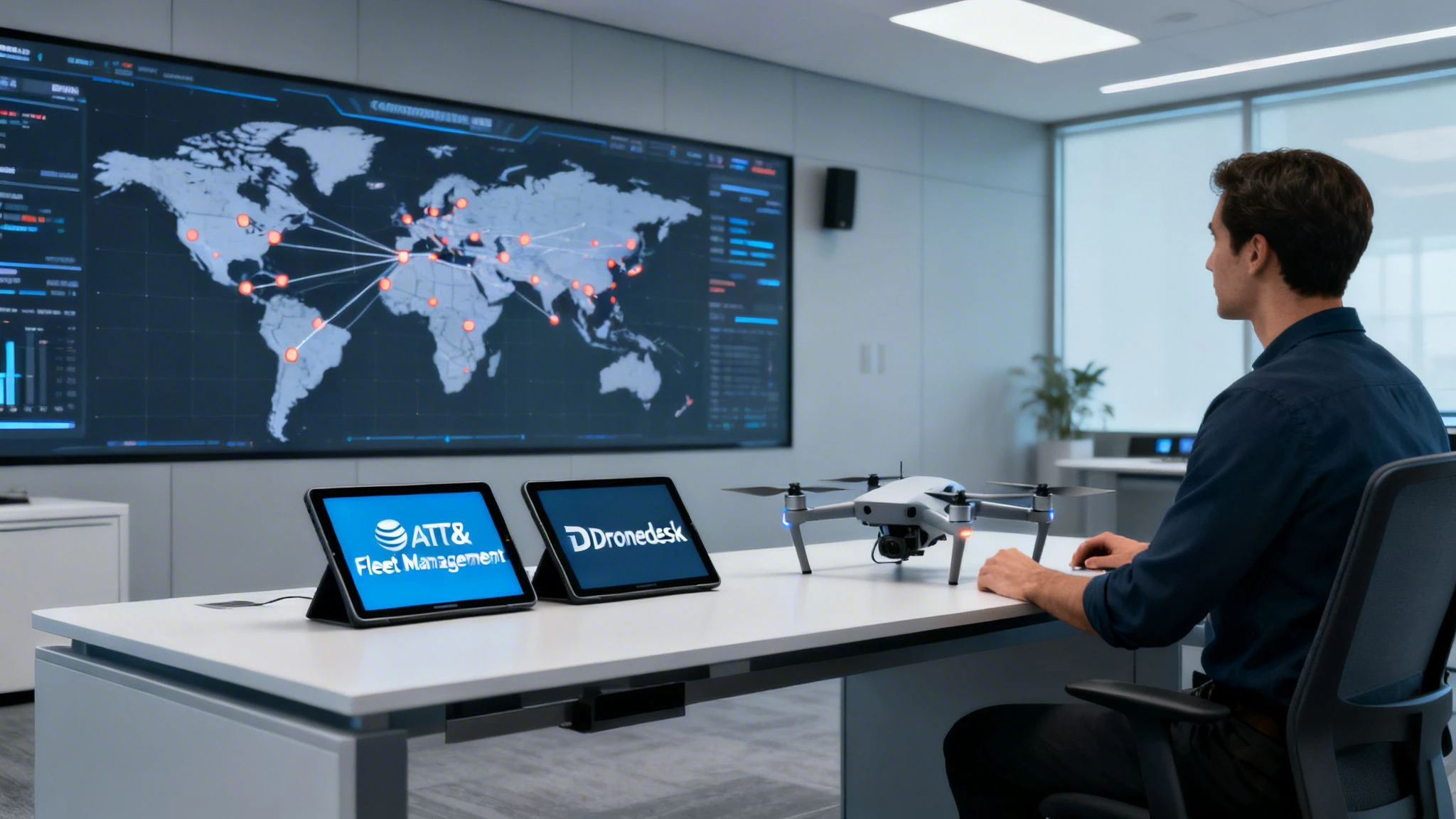Man monitoring AT&T Fleet Management and Dronedesk operations with a drone and global map.