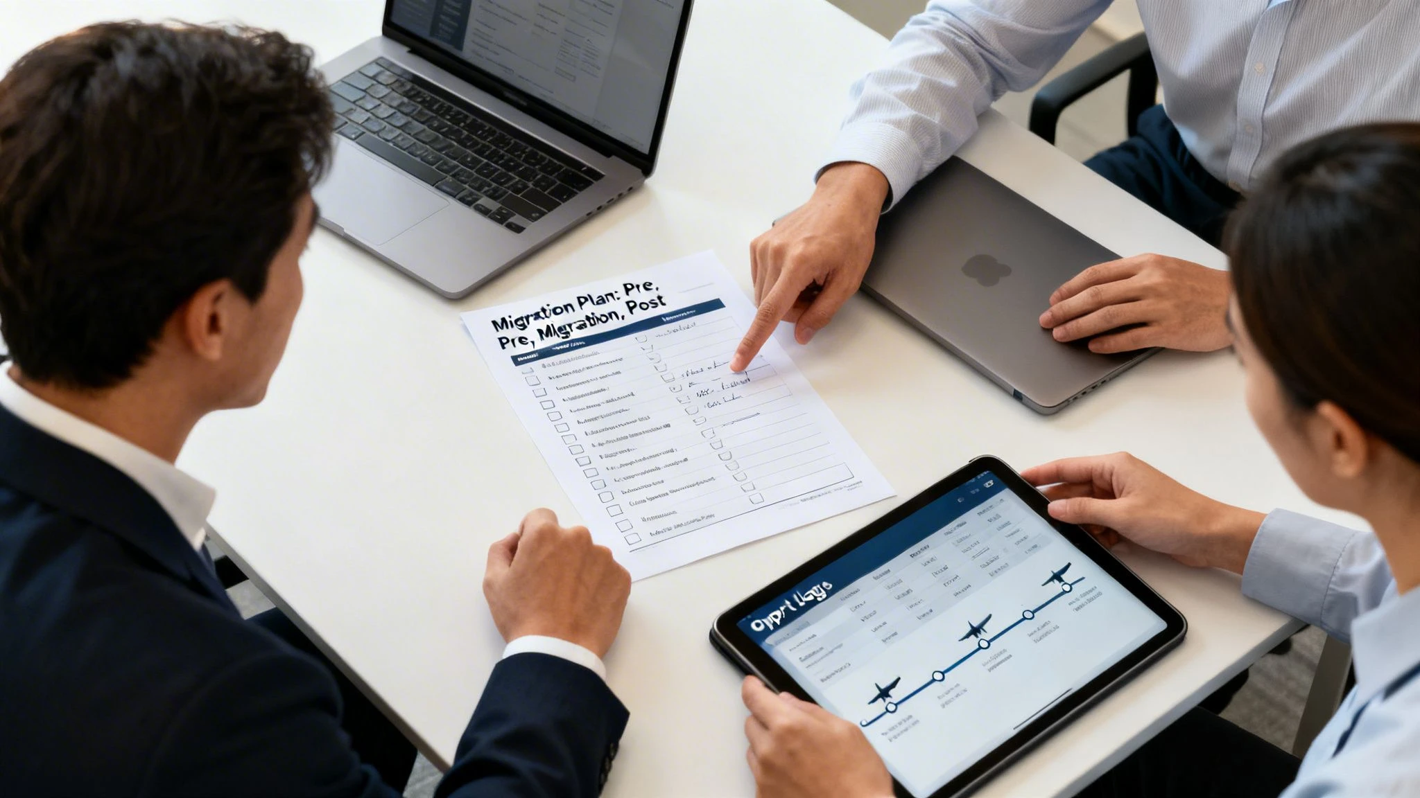 Three professionals discuss a migration plan and fleet logistics using digital devices and documents.
