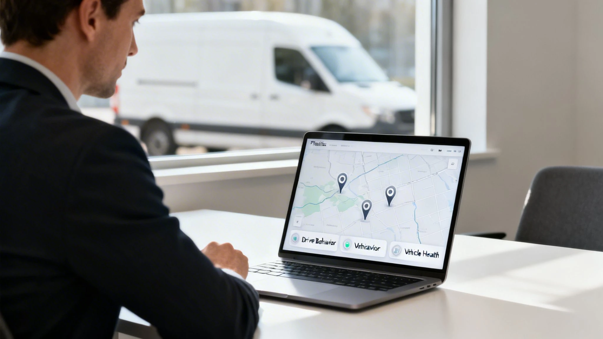 Businessman monitors a fleet management map on a laptop, showing vehicle locations and health data.