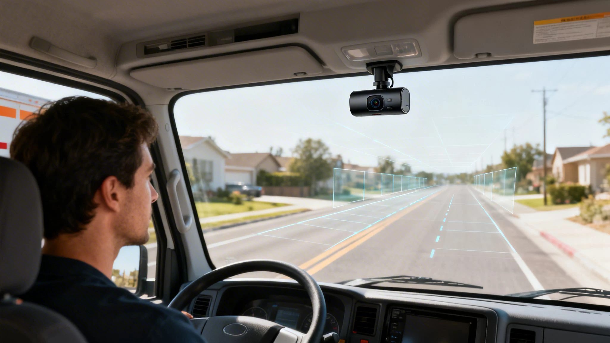 A truck driver's view from inside the cabin, showing a dashcam and augmented reality lane lines.