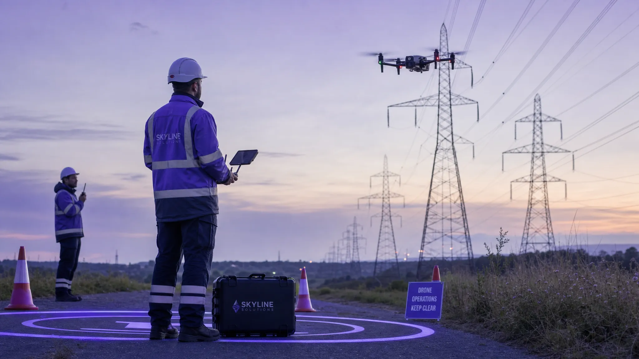 A commercial drone pilot standing in a marked take-off area beside a utility corridor, with safety cones, a spotter, a drone case and the aircraft hovering at a safe distance from nearby infrastructure.