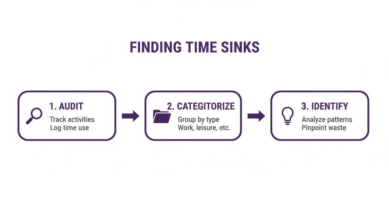A three-step process flowchart for finding time sinks: audit, categorize, and identify waste.