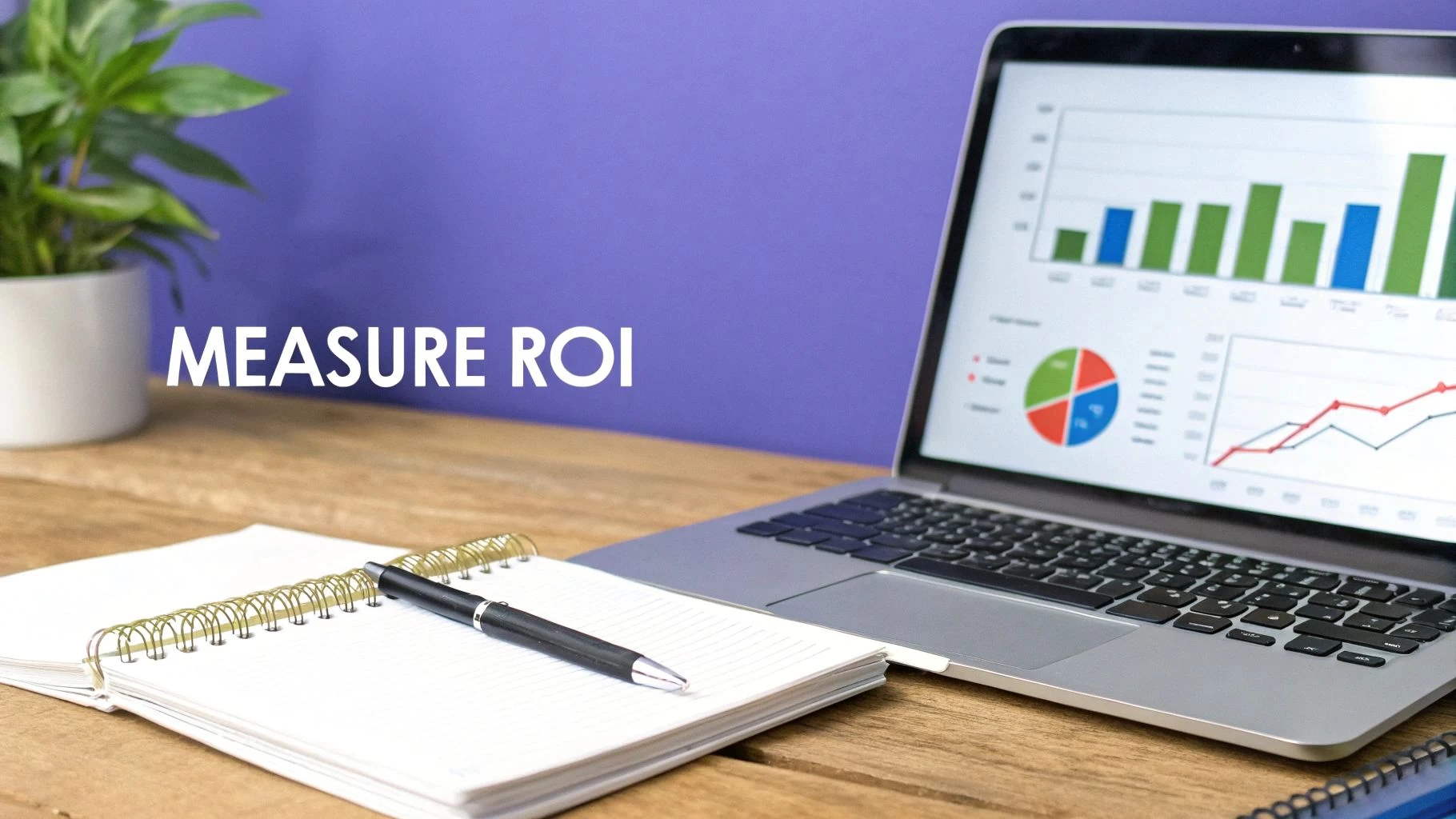 A laptop displaying charts and graphs related to ROI on a wooden desk with a notebook and pen, with 'MEASURE ROI' text overlay.