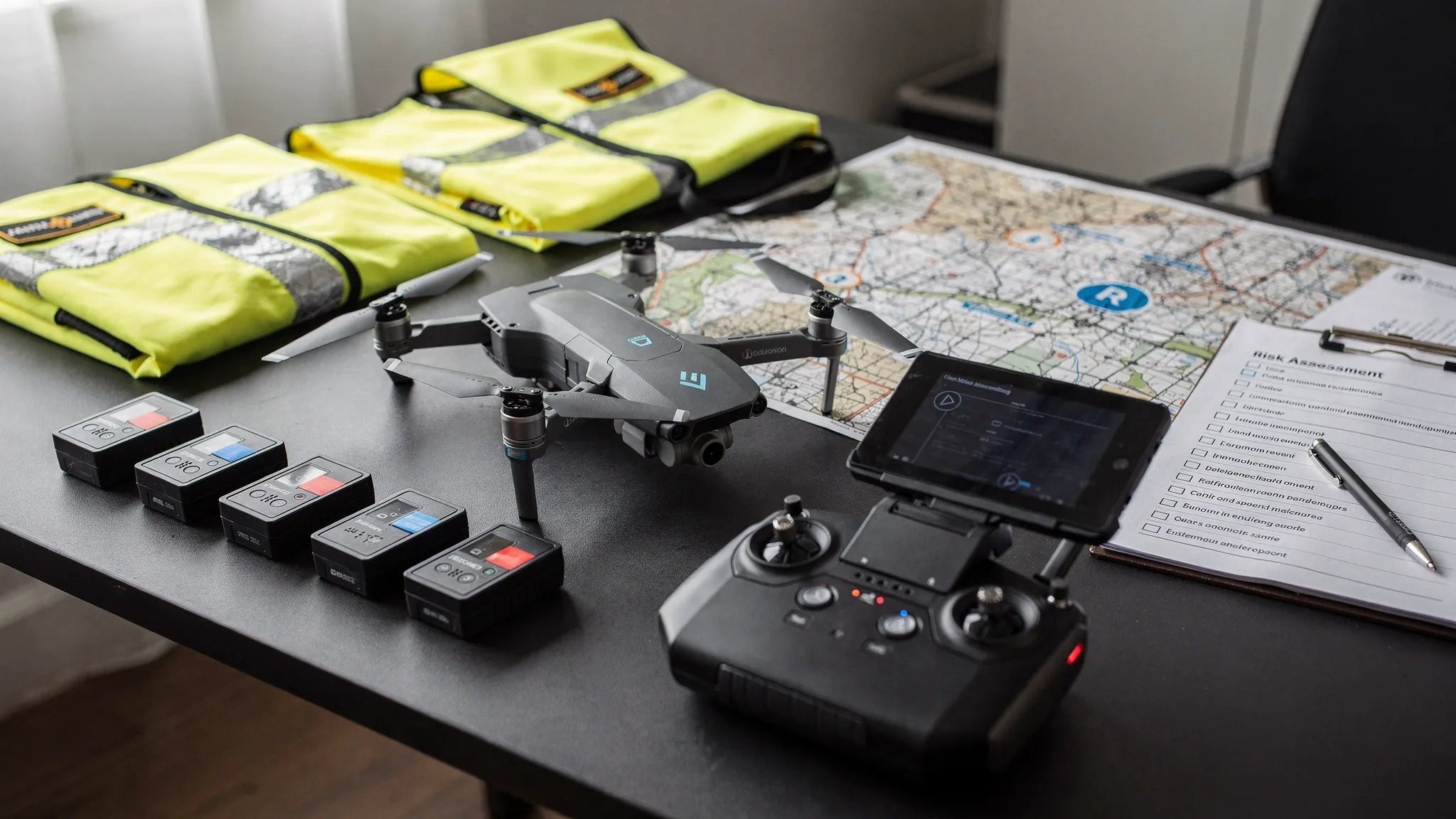 A commercial drone operations table with a drone, controller, batteries, high visibility vests, printed airspace map and risk assessment checklist laid out before a planned site survey.