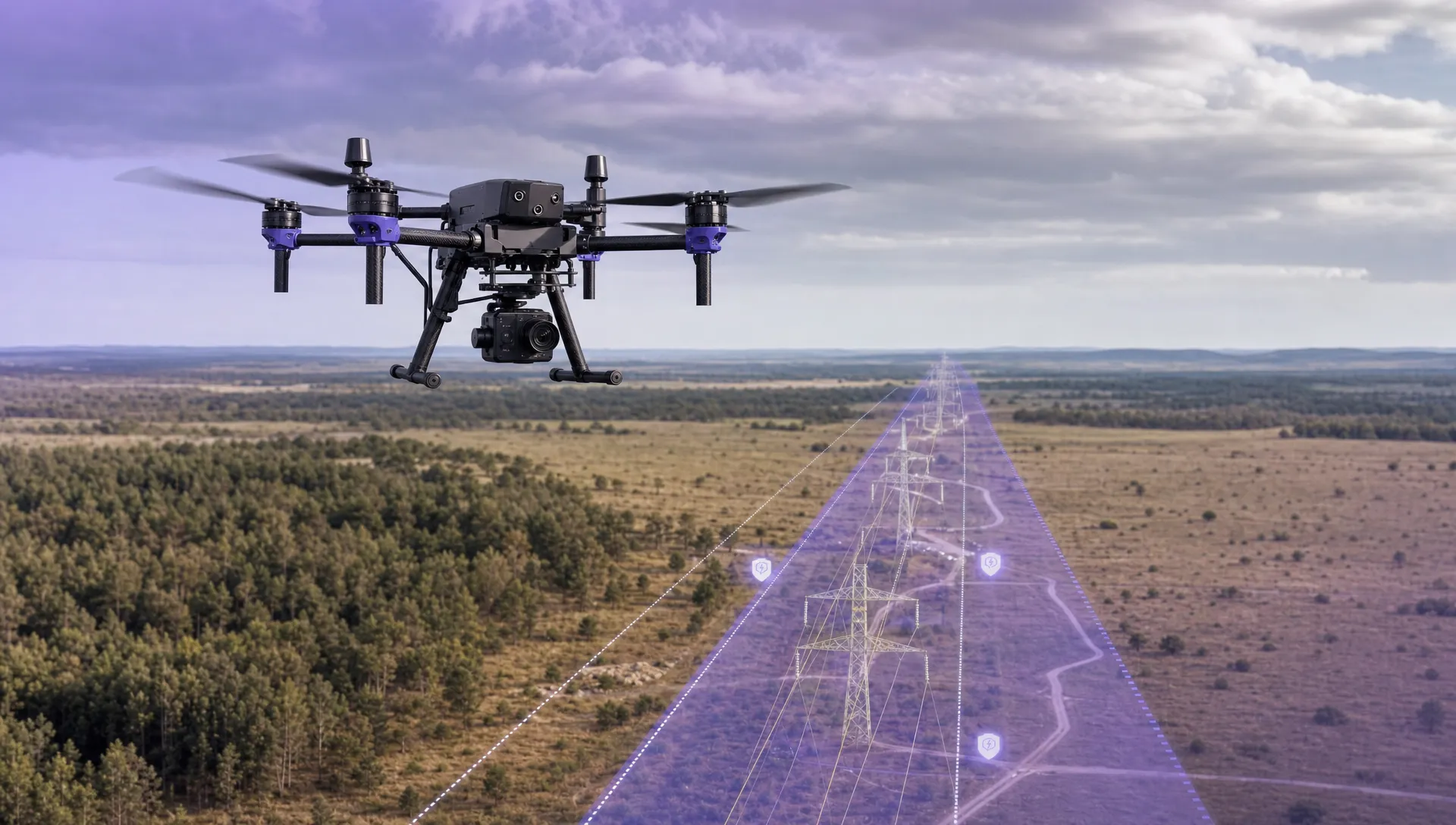 A commercial drone flying above a long utility corridor in open countryside, with powerlines, service roads and marked operating zones visible below to illustrate a beyond visual line of sight inspection mission.