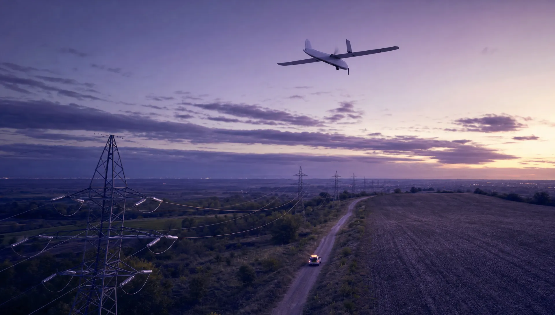 A fixed-wing drone flying far ahead above a rural utility corridor with pylons, fields and a distant control vehicle, illustrating a beyond visual line of sight inspection route.