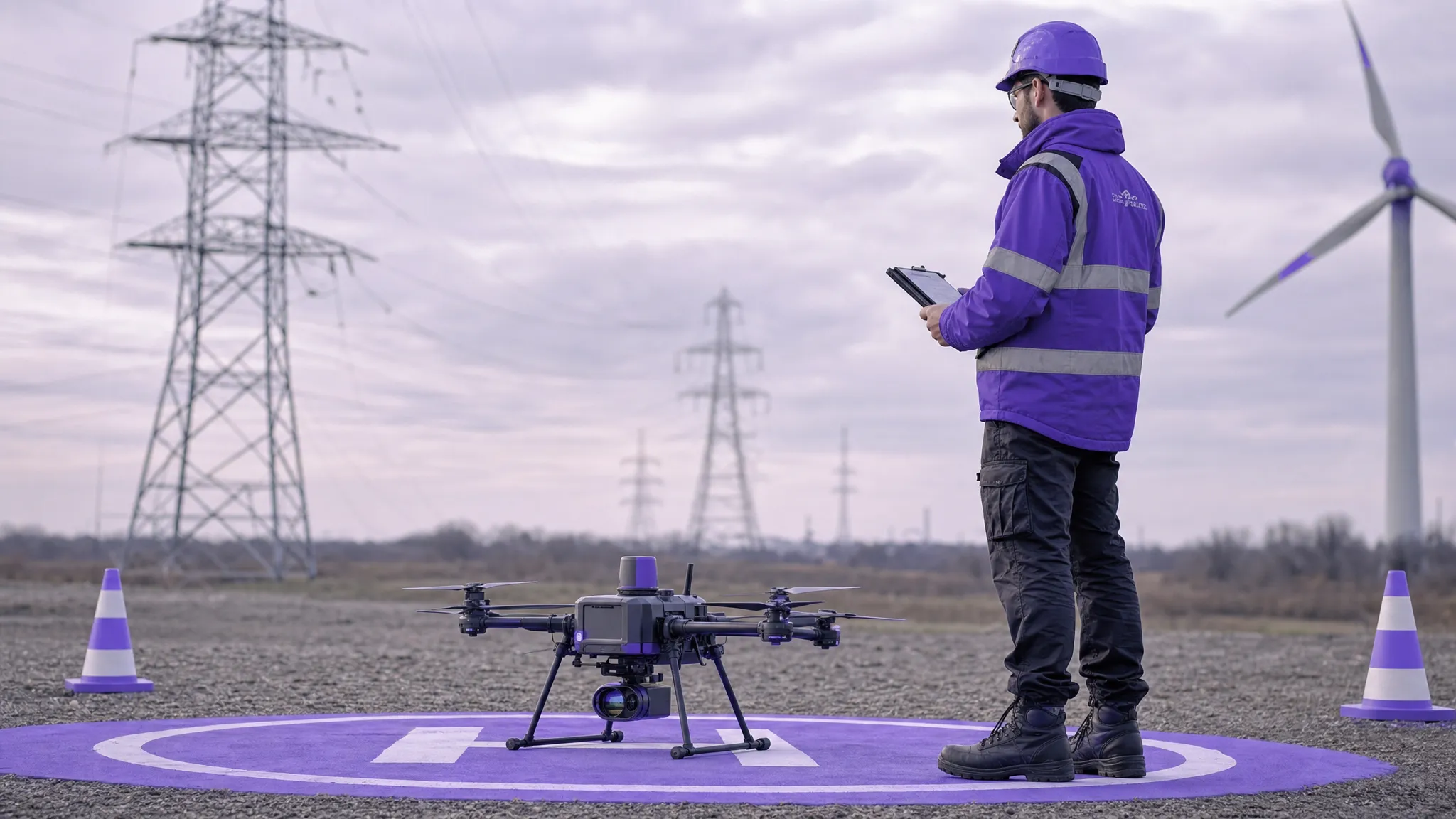 A commercial drone operator standing beside a survey drone on open ground, with a marked take-off area, safety cones, a clipboard and utility infrastructure in the distance.