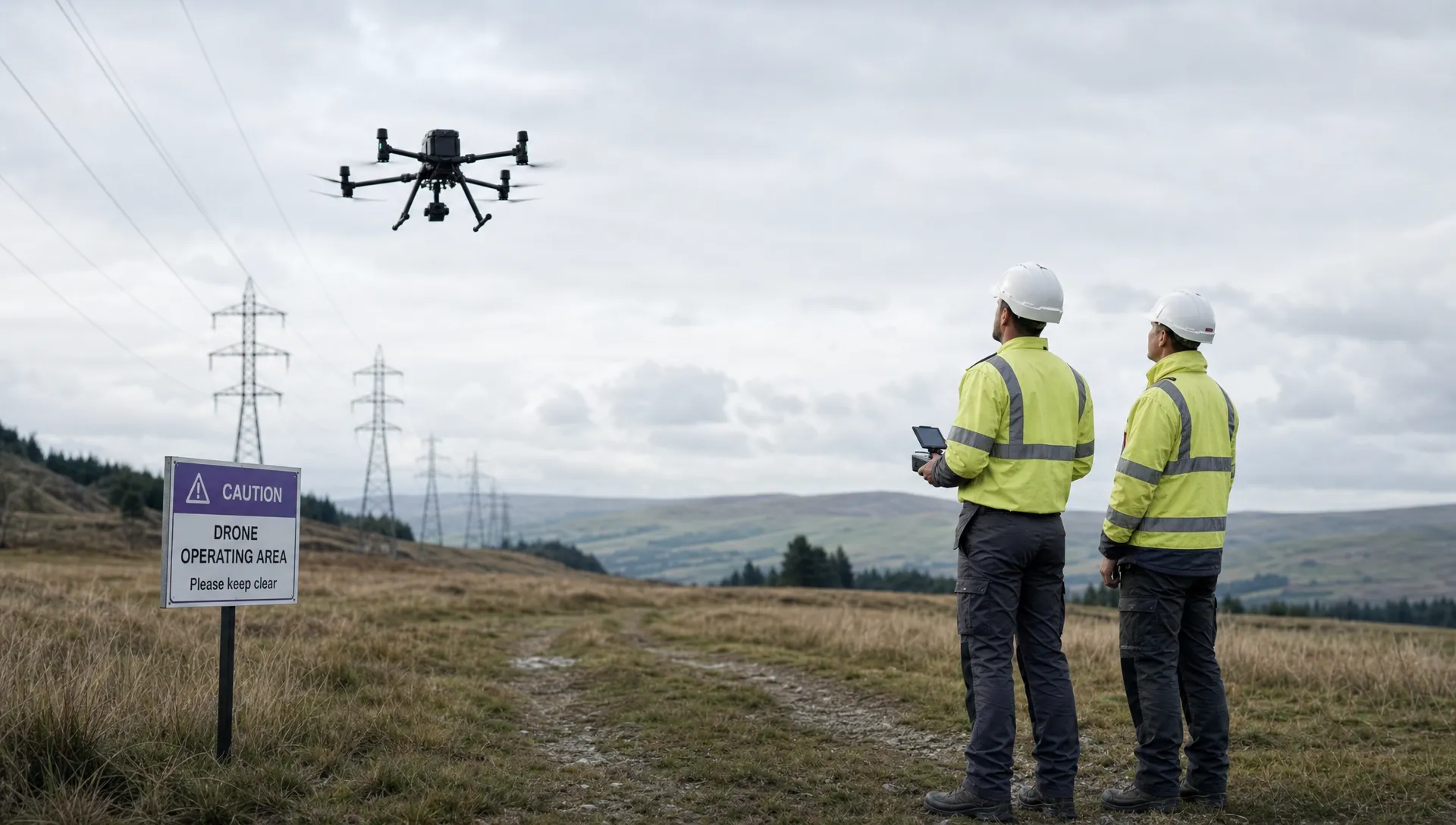 A DJI Matrice 350RTK-style drone flies over a rural utility corridor while a utility inspection team stands by marked operating area signs.