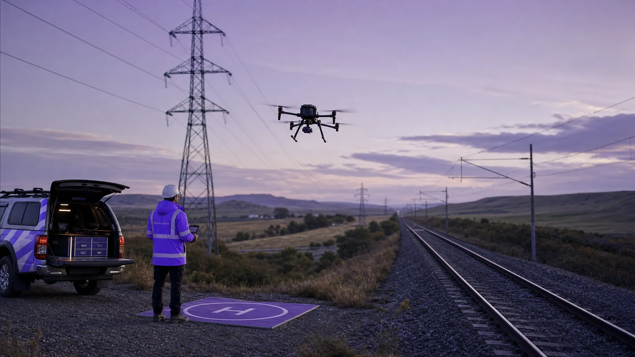 A commercial drone flying along a remote power line and railway corridor, with open countryside around the route and an operations vehicle parked safely near a designated launch area.