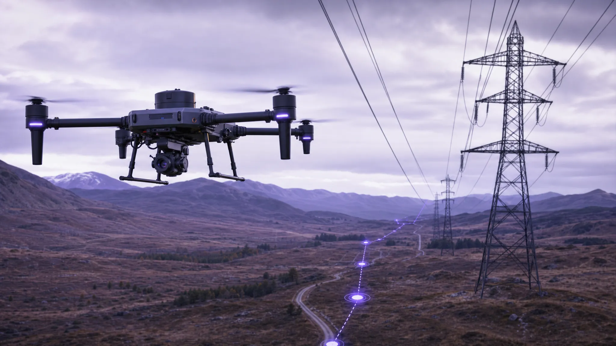 A commercial drone flying along a remote power line corridor, with open countryside, pylons and a clearly planned inspection route stretching into the distance.