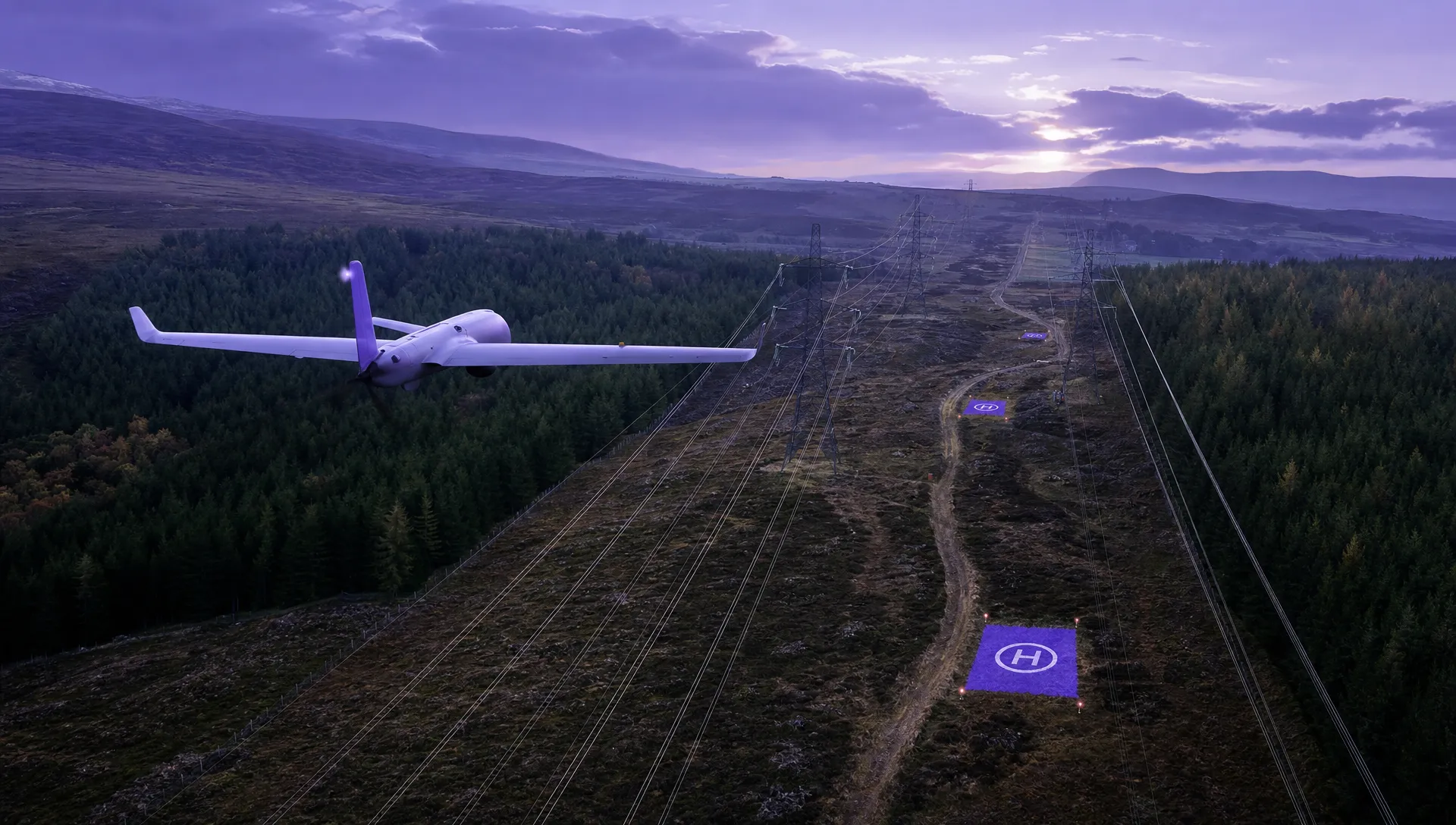 A fixed-wing drone flies above a rural utility corridor with pylons, access tracks and marked emergency landing areas below.