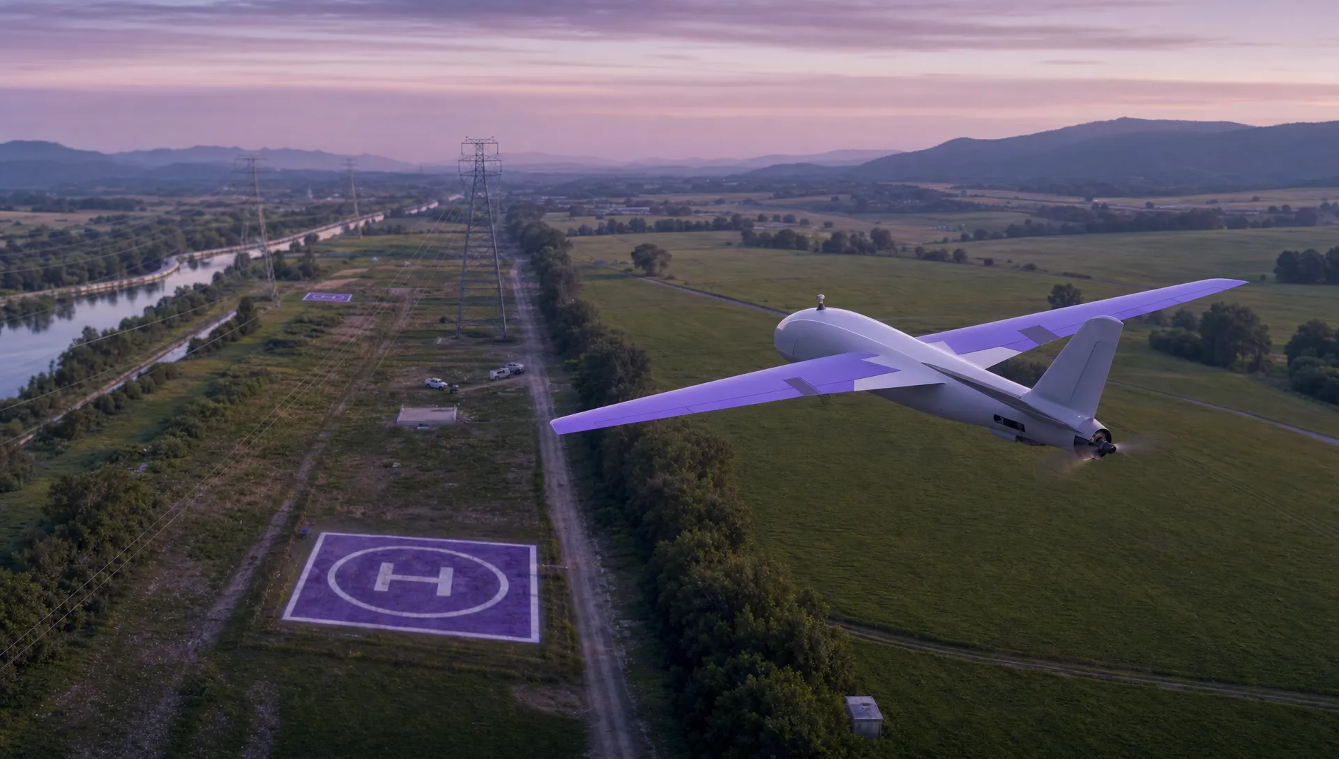 A fixed-wing drone flying above a rural utility corridor with power lines, fields, service roads and marked emergency landing areas visible below.