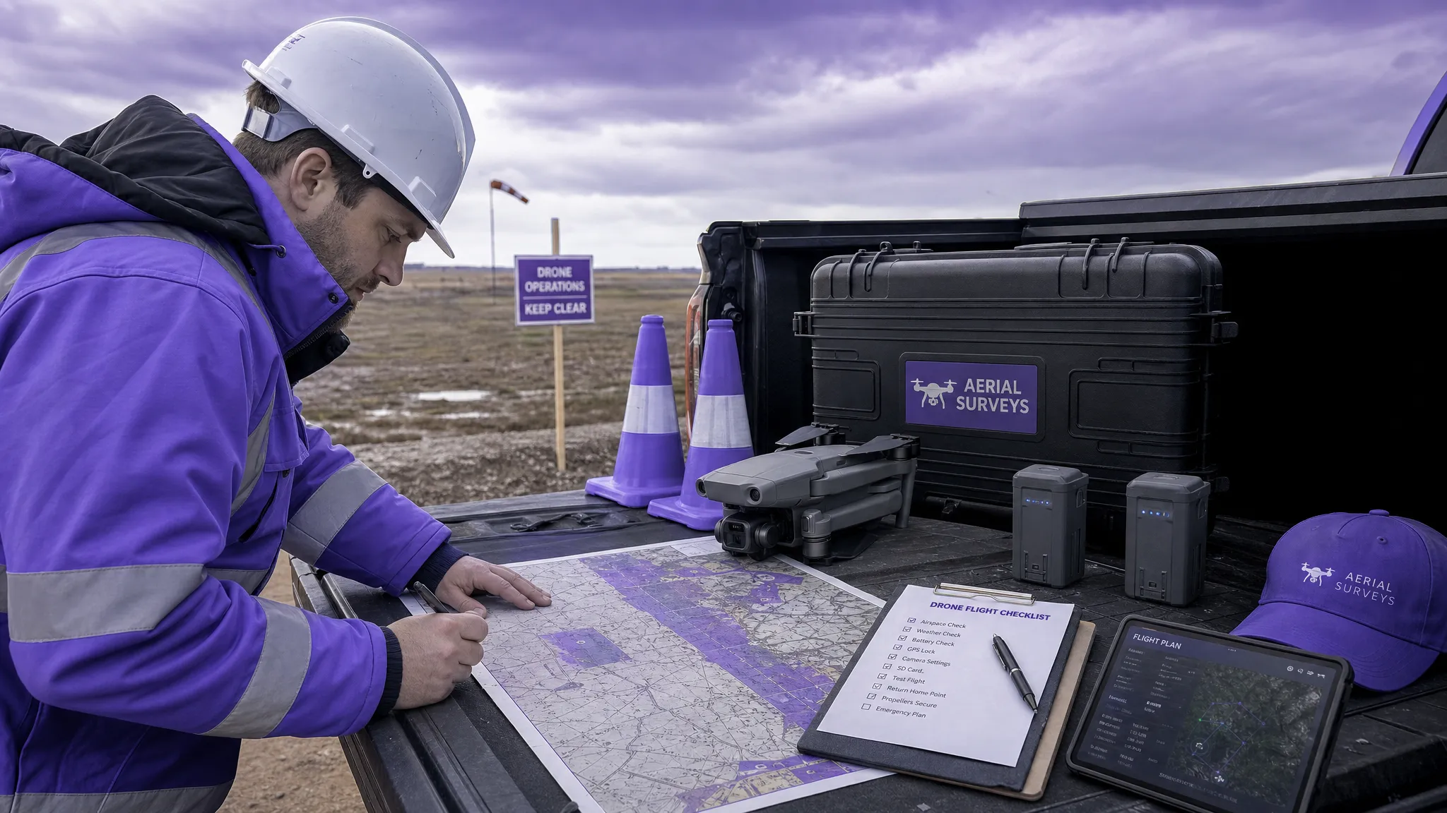 A professional drone operator preparing a flight plan beside a marked site map, with a drone case, batteries, checklist paperwork and safety cones arranged on the tailgate of a vehicle at a controlled work area.