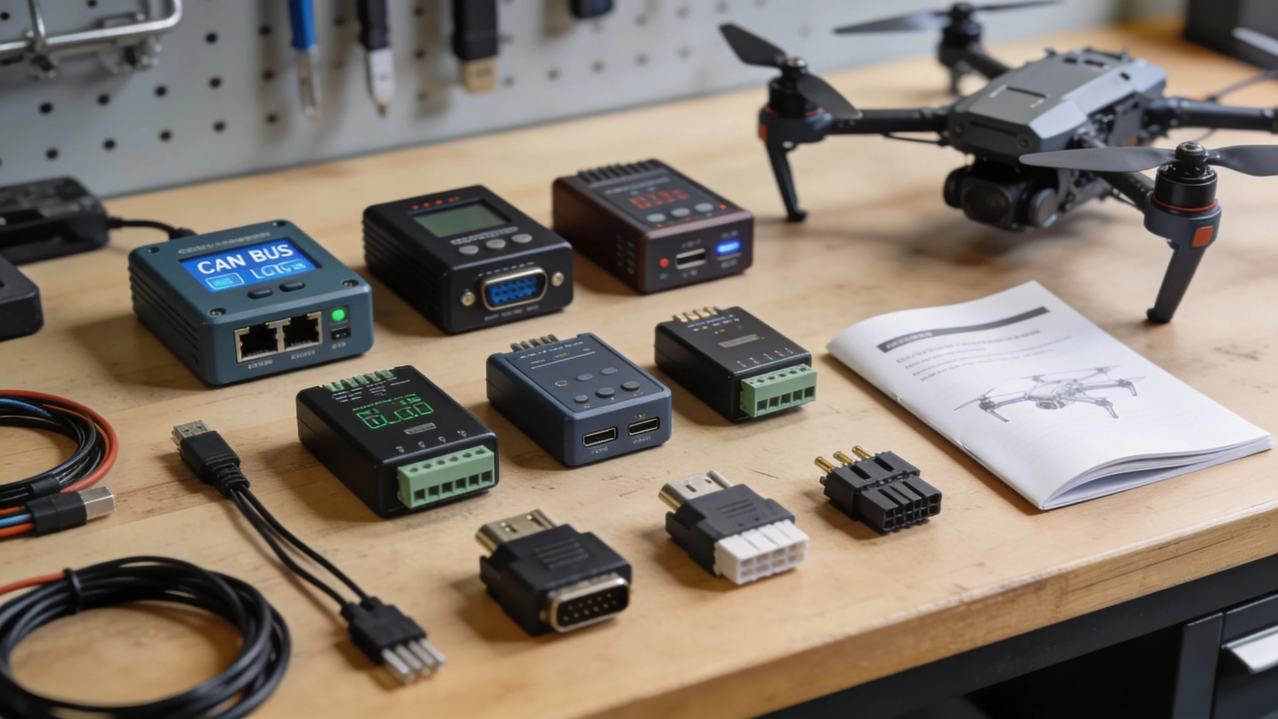 A professional electronic diagnostic setup with a CAN bus data logger, drone, cables, and technical manuals on workbench.
