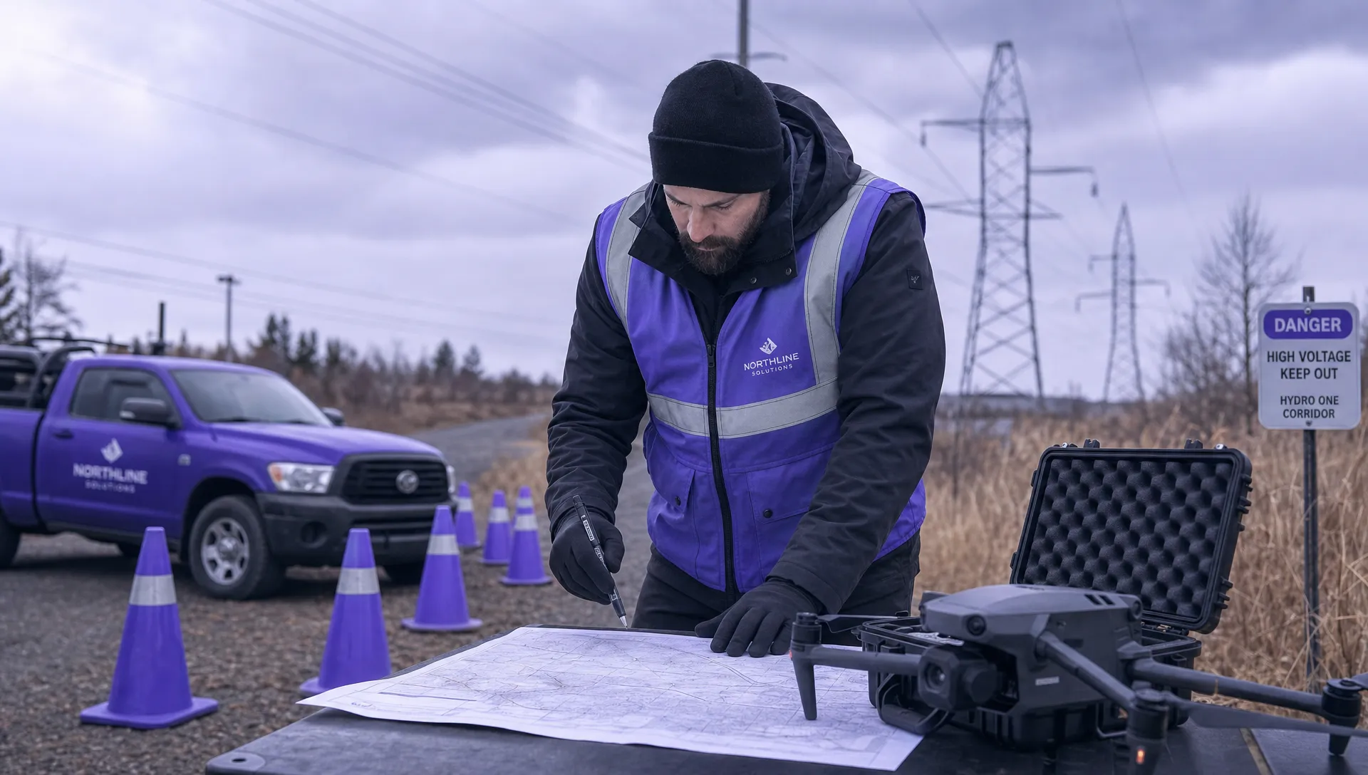 A commercial drone pilot preparing a flight plan beside a utility corridor with a drone case, safety cones and a printed site map, showing controlled pre-flight planning for a business operation in Canada.