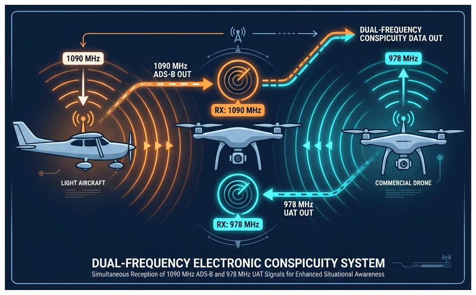 Diagram showing dual-frequency EC approach with manned aircraft on 1090 MHz and UAS on 978 MHz