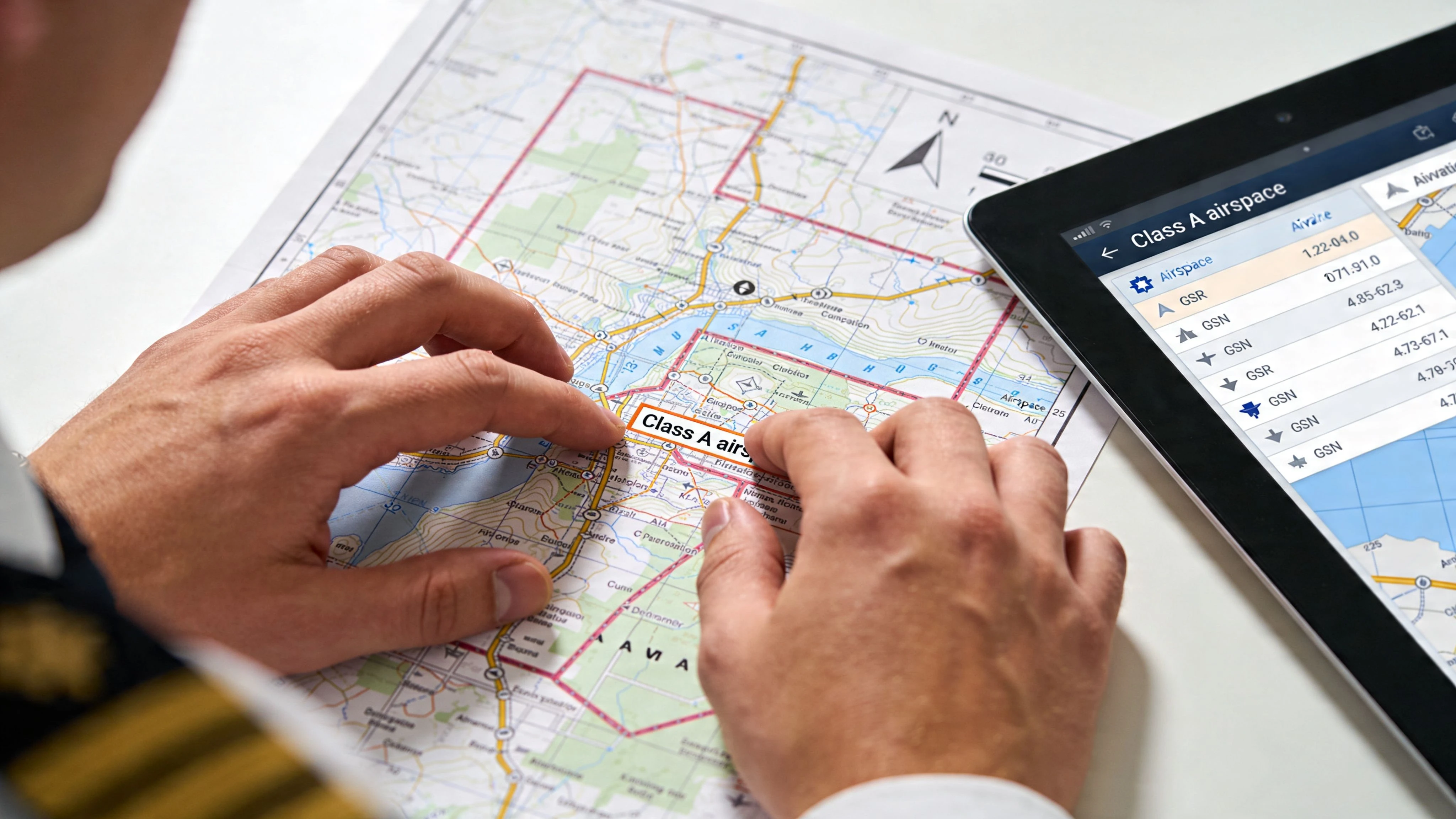 A pilot examining a paper aeronautical map and a digital tablet displaying Class A airspace data.